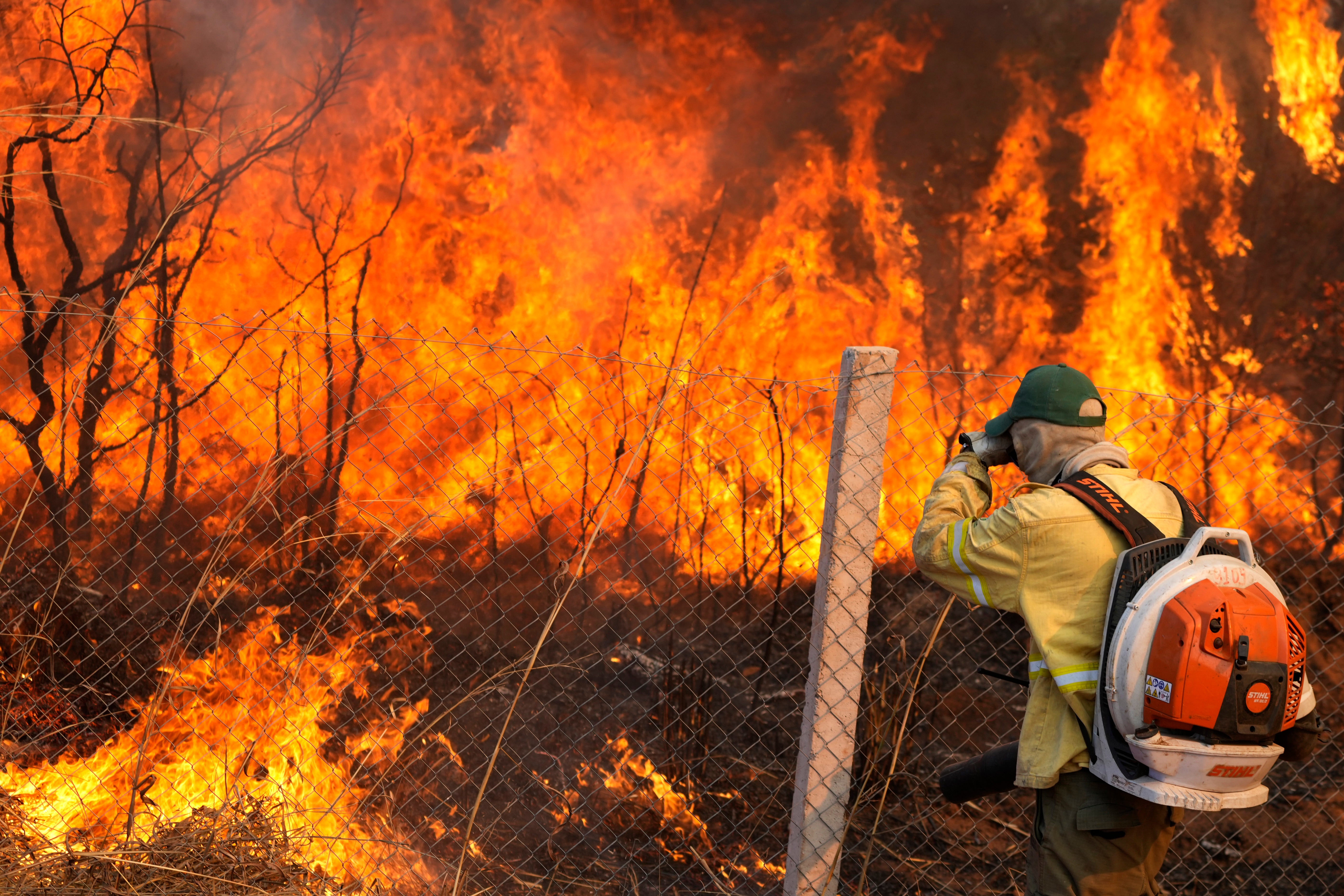 A firefighter works to put out fires earlier this month in Brazil’s Brasilia National Forest. The nonprofit Rainforest Foundation US says as many as 7.4 million acres burned within the first half of the year