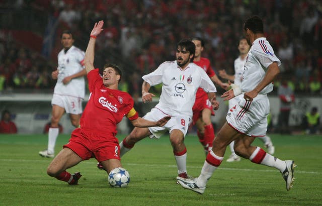 <p>Steven Gerrard wins the penalty to draw Liverpool level against Milan in the 2005 Champions League final </p>