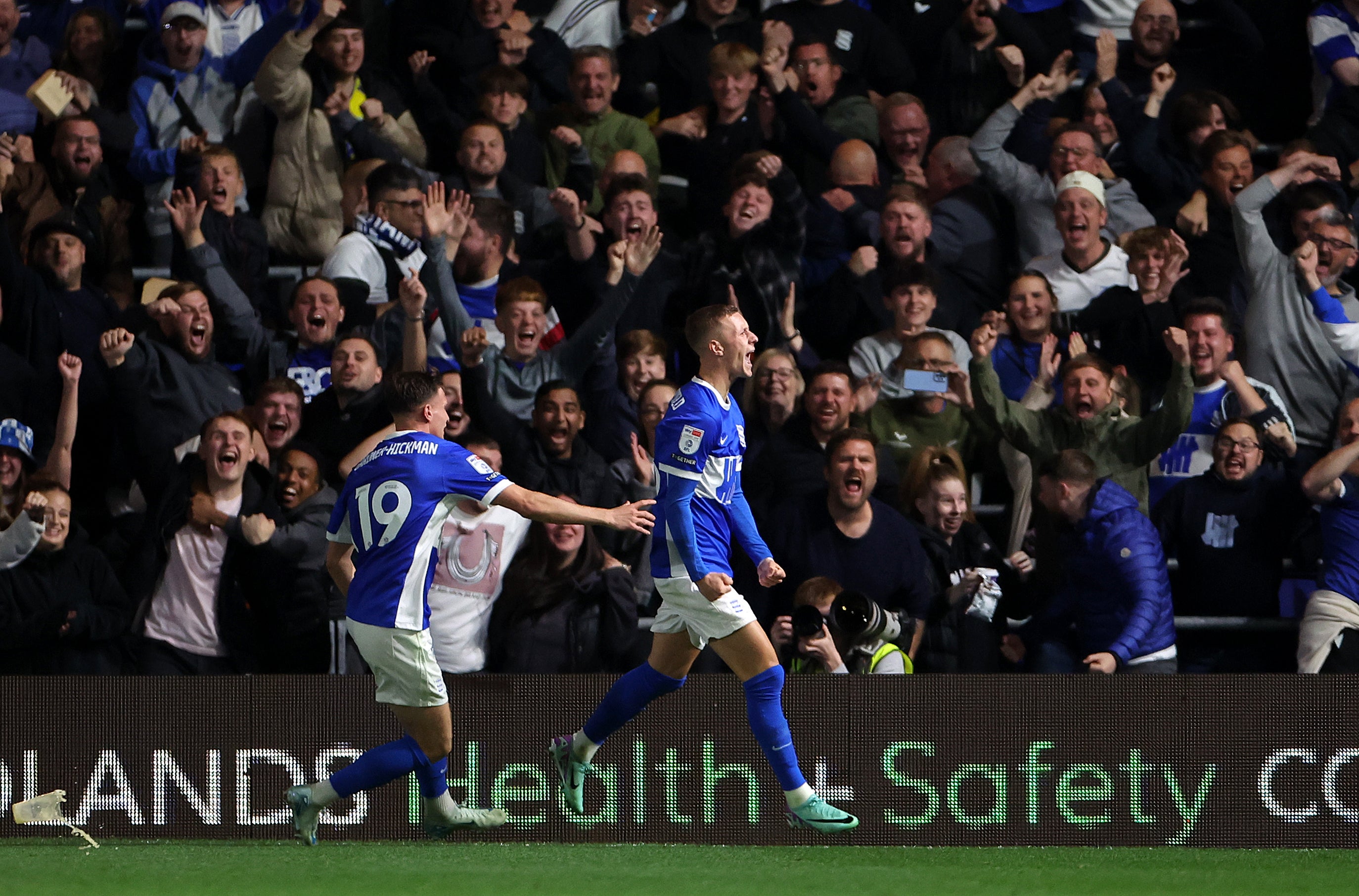 Jay Stansfield celebrates after scoring Birmingham’s second goal