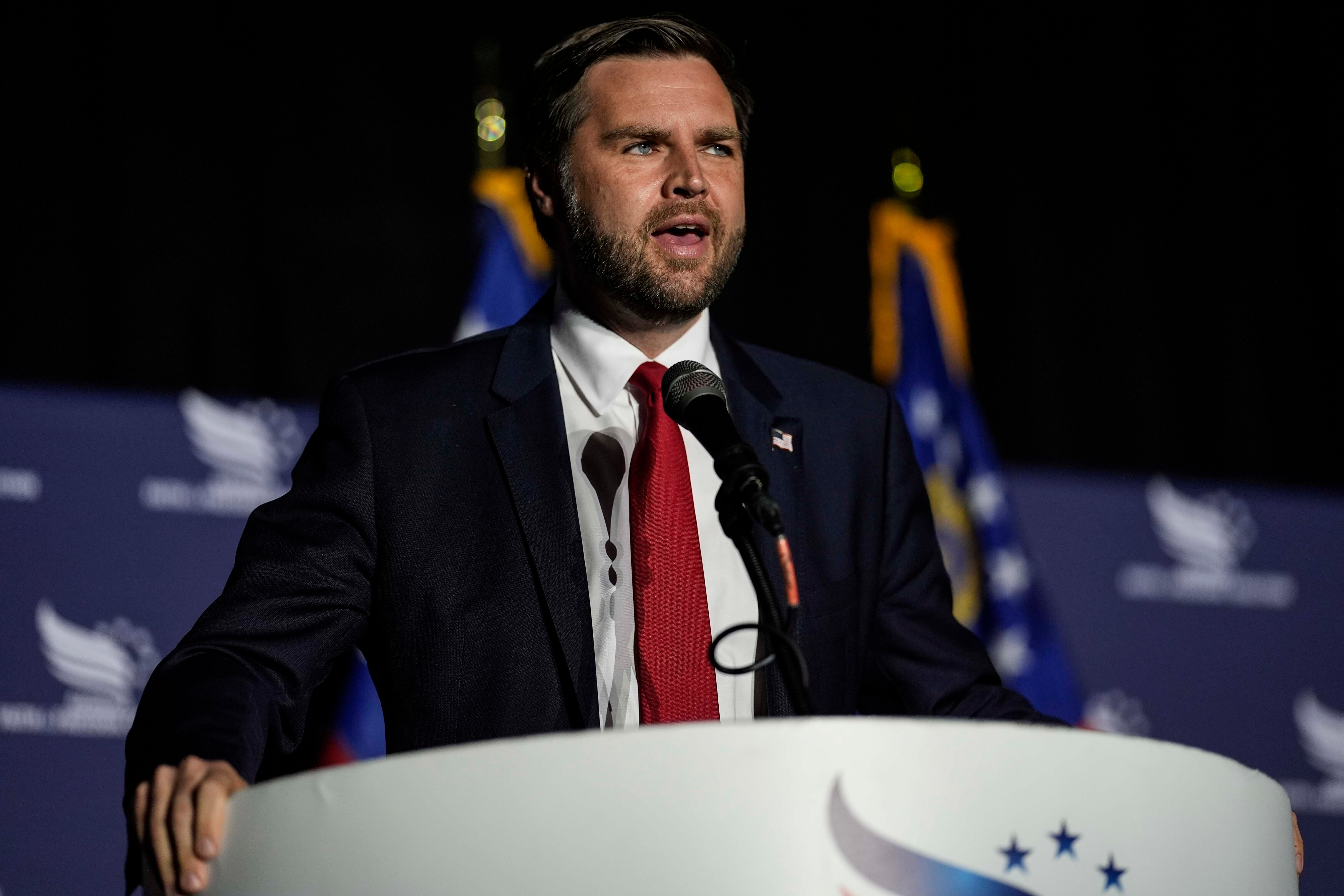 Republican vice presidential nominee JD Vance speaks during the Georgia Faith and Freedom Coalition’s dinner at the Cobb Galleria Centre on September 16 2024 in Atlanta