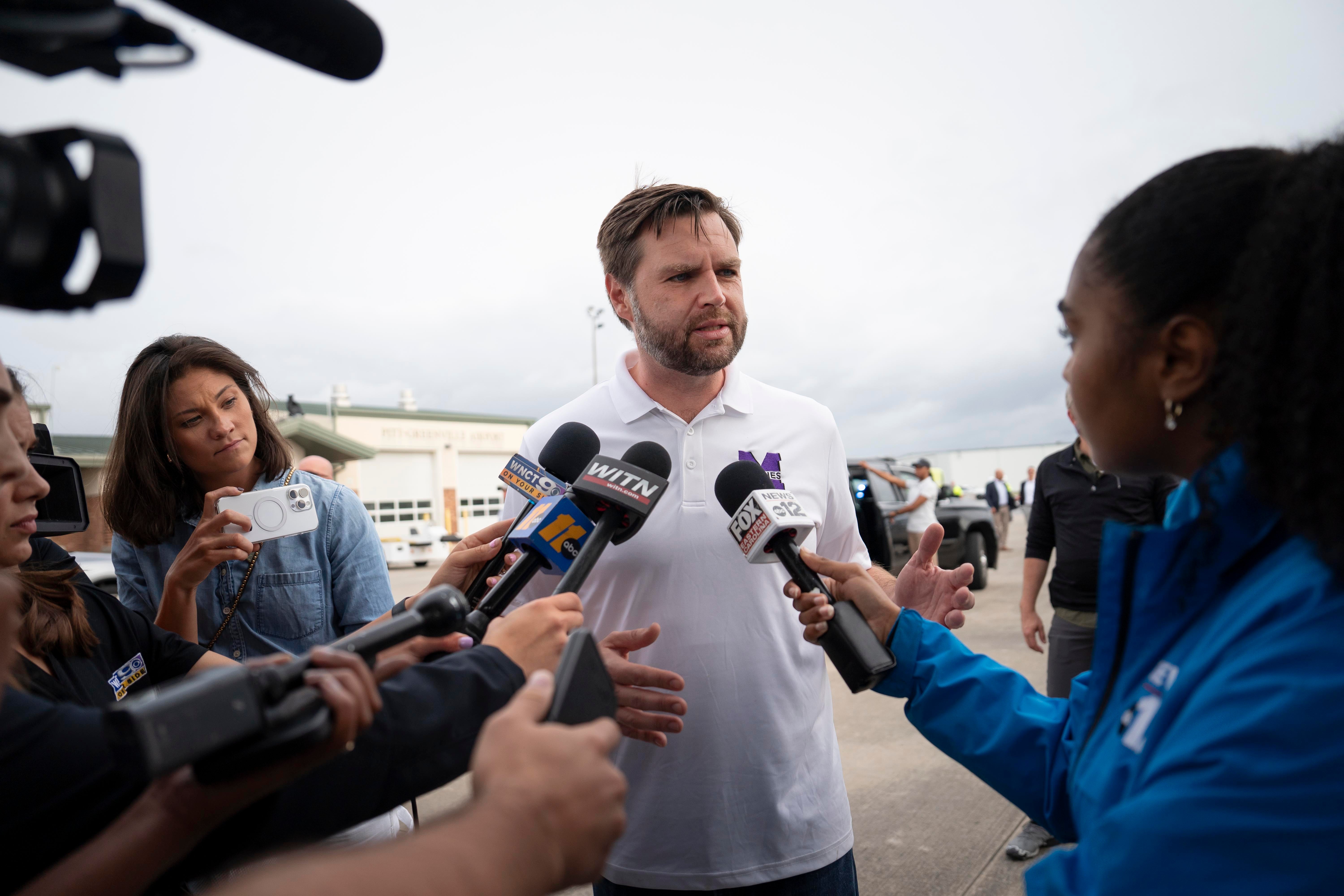 Republican vice presidential nominee, U.S. Sen. J.D. Vance (R-OH) speaks with media at the airport before he departs on September 14, 2024 in Greenville, North Carolina.