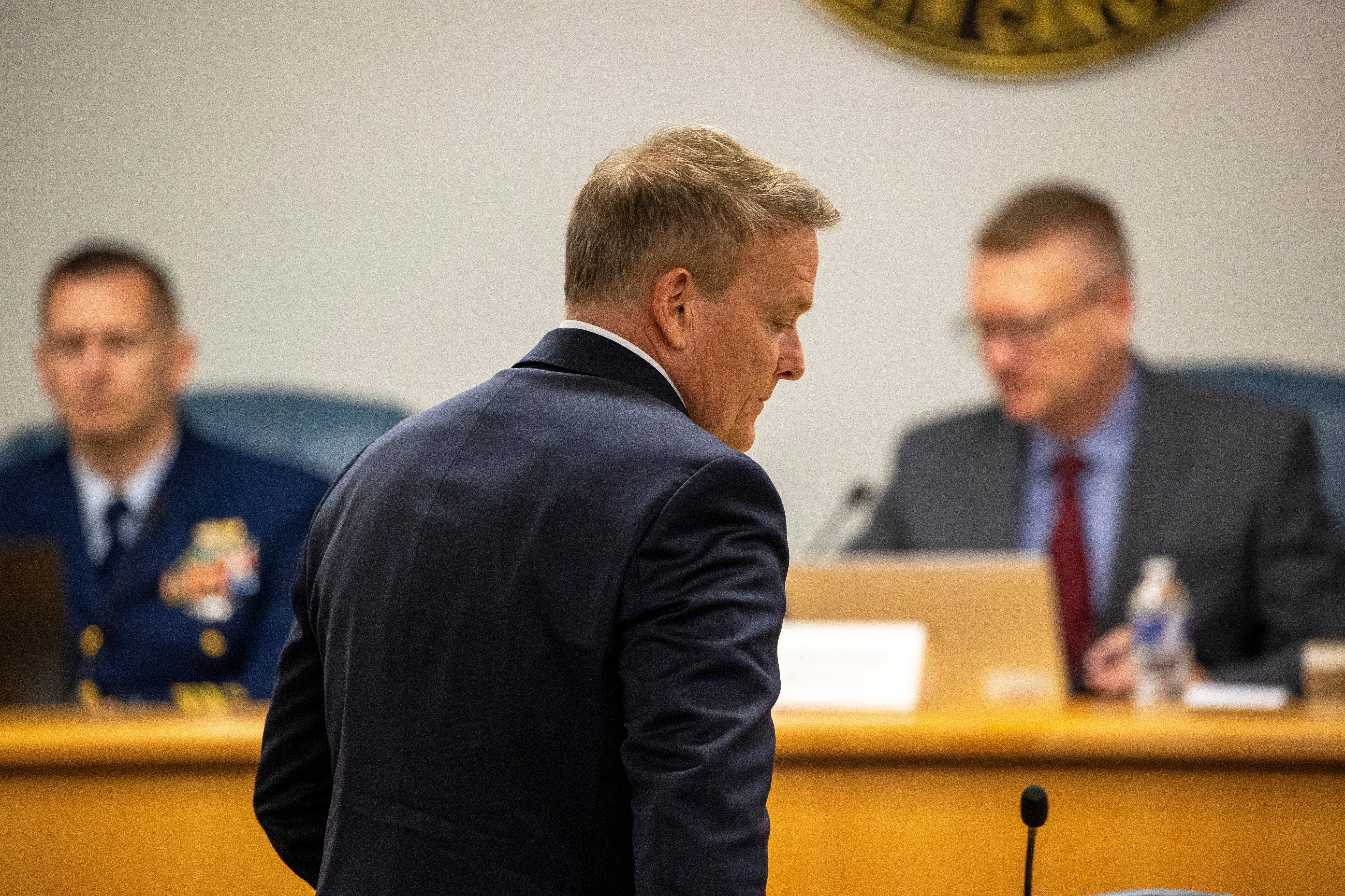 Former OceanGate's Director of Marine Operations, David Lochridge, center, testifies, Tuesday, Sept. 17, 2024, in front of the Titan marine board formal hearing inside the Charleston County Council Chambers, in North Charleston, S.C. (Andrew J. Whitaker/The Post And Courier via AP, Pool)