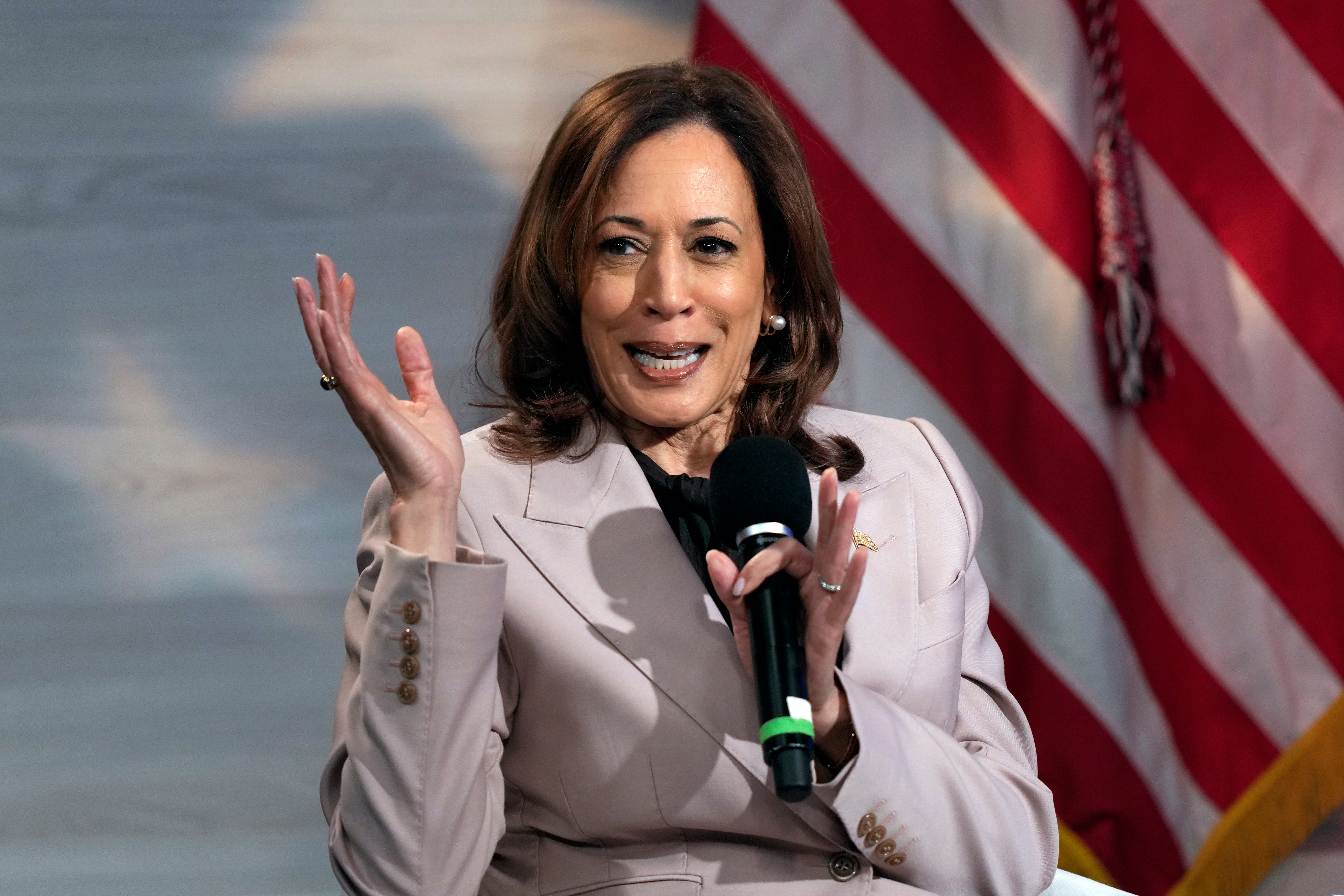 Vice President Kamala Harris Vice is interviewed by National Association of Black Journalists on Thursday. Trump has repeatedly called her a ‘Communist’ and a ‘fascist’ in recent months