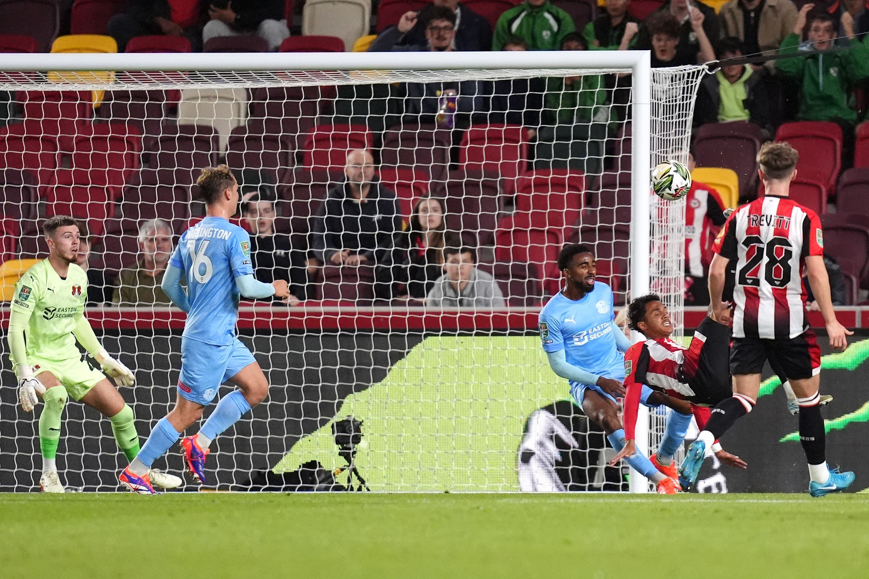 Fabio Carvalho (second left) scores Brentford’s equaliser (John Walton/PA)