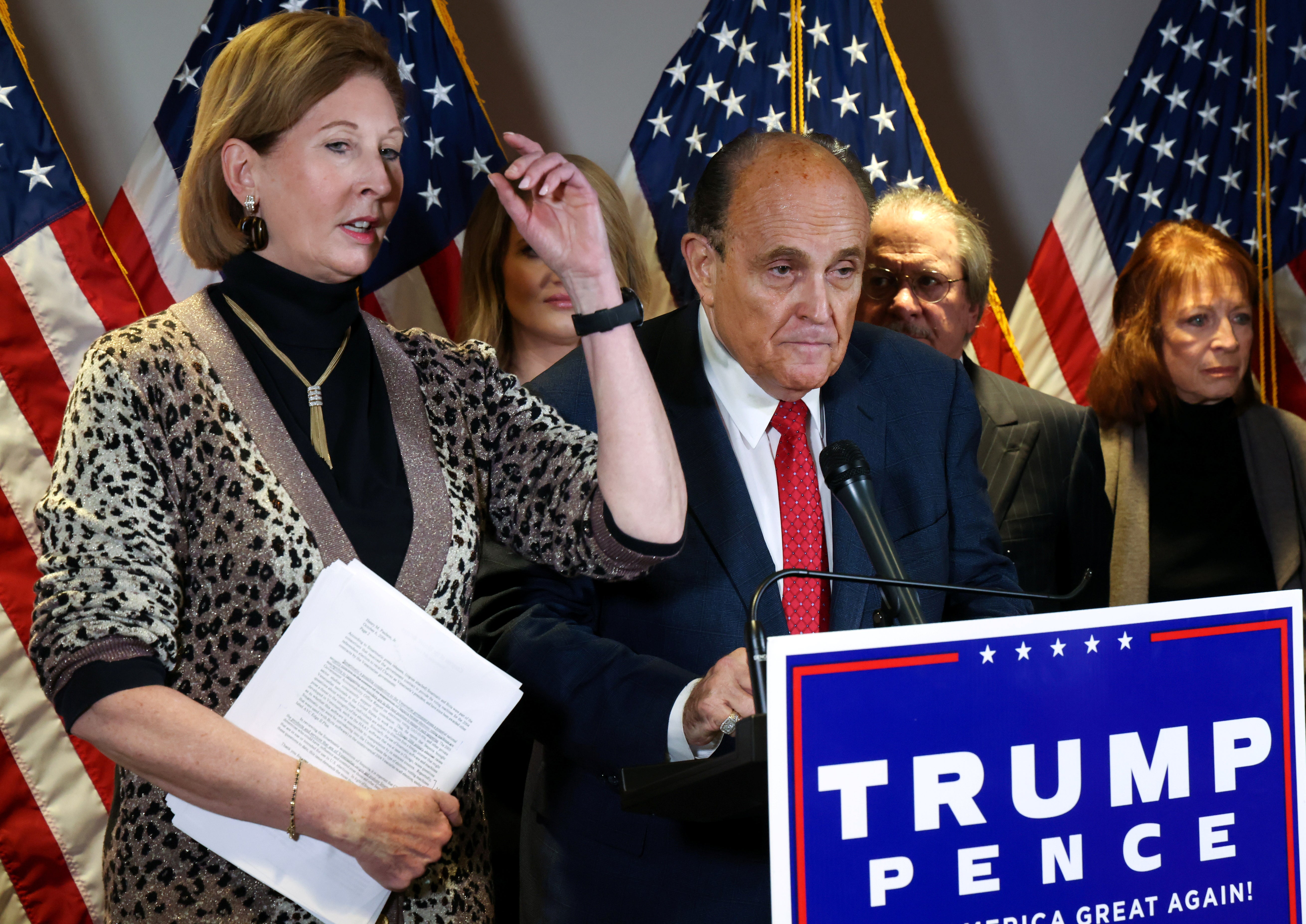 A new HBO documentary looks at how Donald Trump surrounded himself with “yes men” who fed into the idea that the 2020 presidential election was stolen. Pictured: Sidney Powell, Rudy Guliani and others speak at a press conference about the election results.