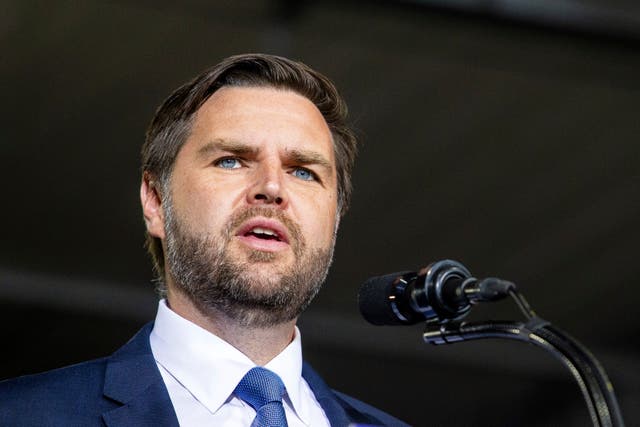 <p>Republican vice presidential nominee JD Vance speaks during a campaign stop at Apple Valley Events in Sparta, Mich., Tuesday, Sept. 17, 2024</p>