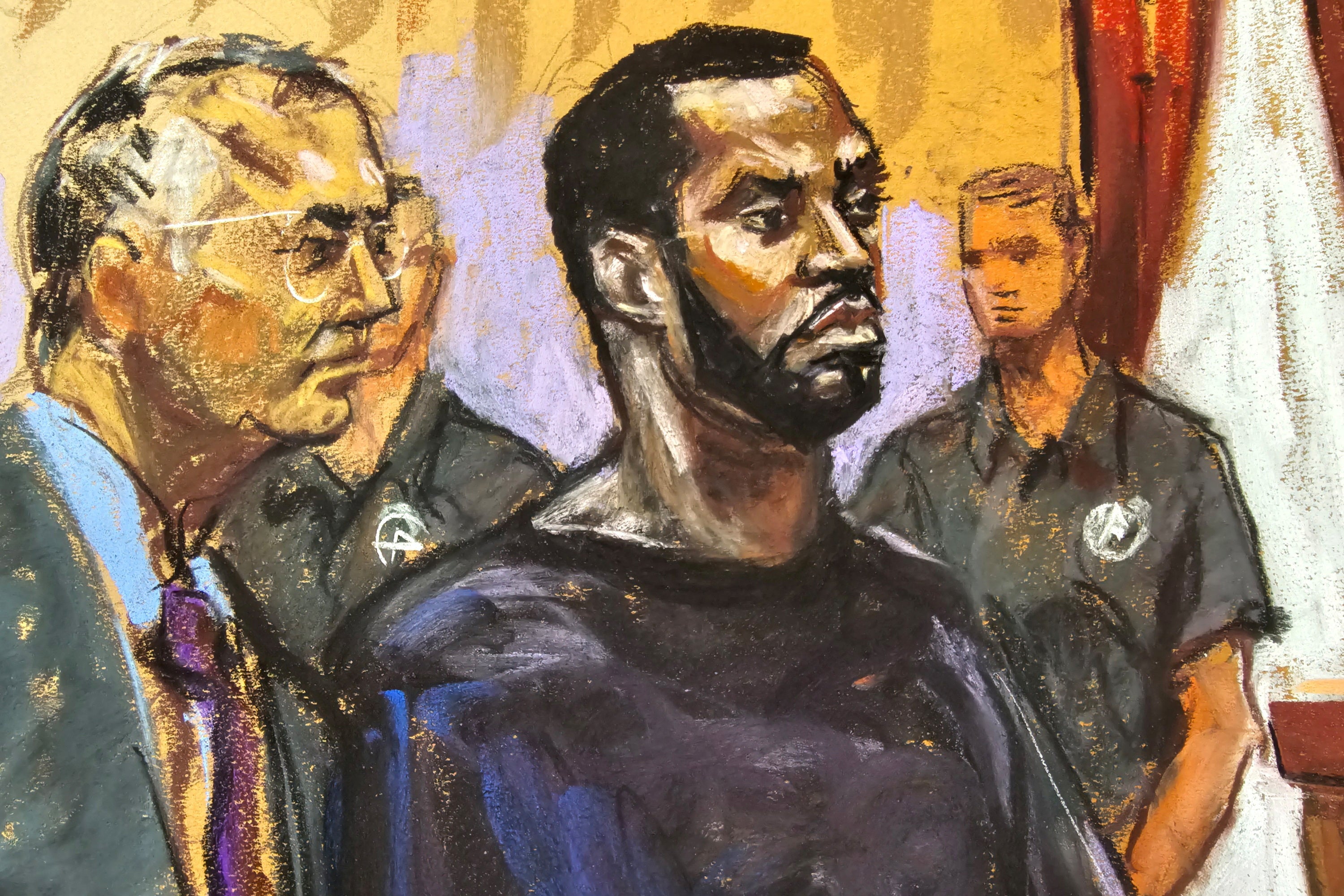 A court sketch of the rapper from the hearing this week