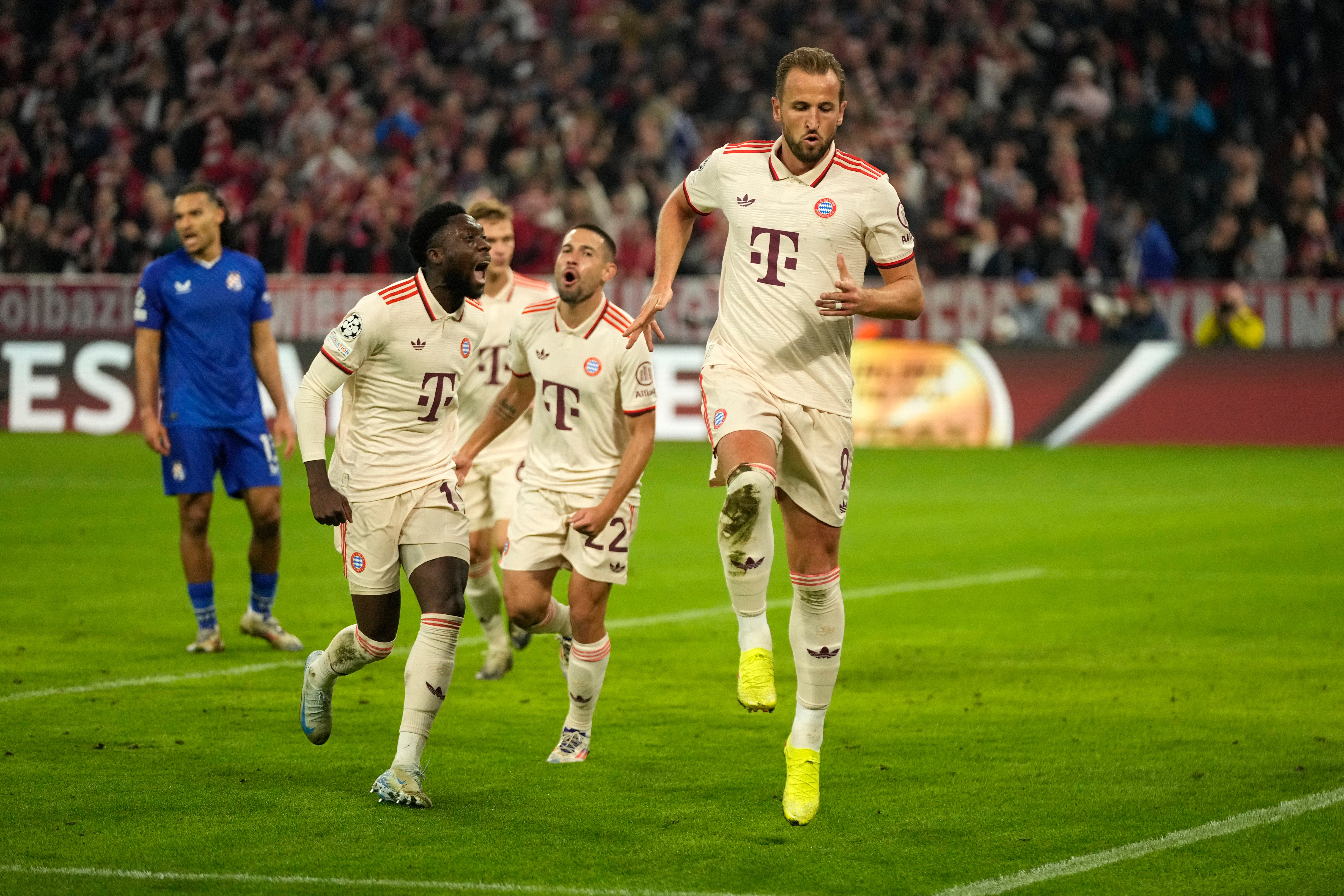 Harry Kane converted three penalties during Bayern Munich’s 9-2 Champions League win over Dinamo Zagreb (Matthias Schrader/AP)