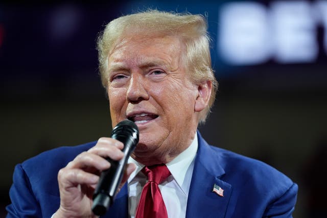 <p>Republican presidential candidate former President Donald Trump speaks during a town hall event at the Dort Financial Center, Tuesday, Sept. 17, 2024, in Flint, Mich</p>