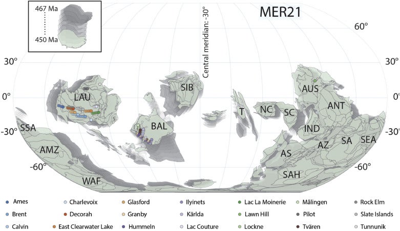 Positions of impact craters on reconstructed continents map during Ordovician period