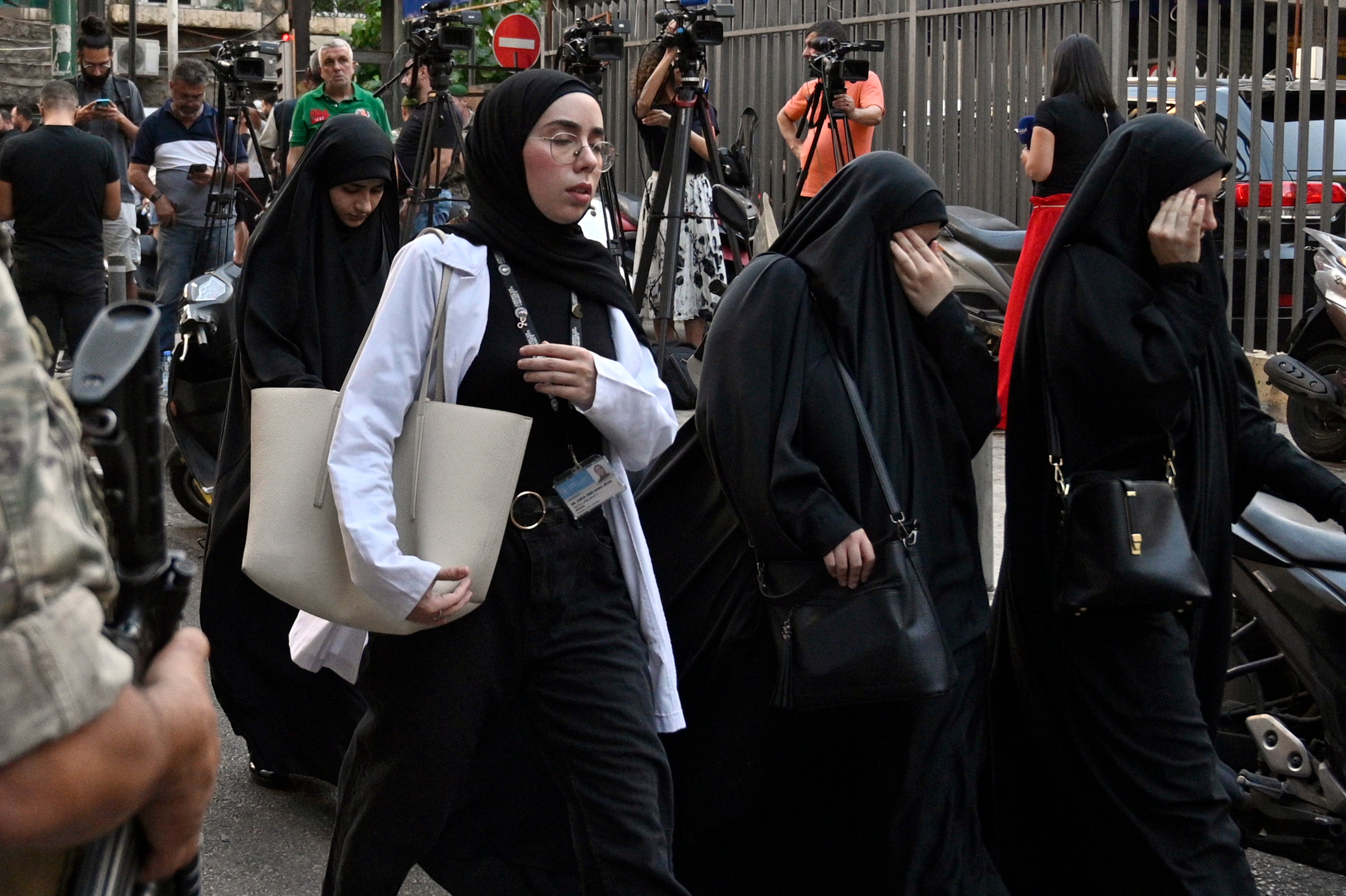 Friends and relatives of injured people arrive at the American University of Beirut Medical Center (AUBMC) after an incident involving Hezbollah members’ wireless devices in Beirut, Lebanon, 17 September 2024