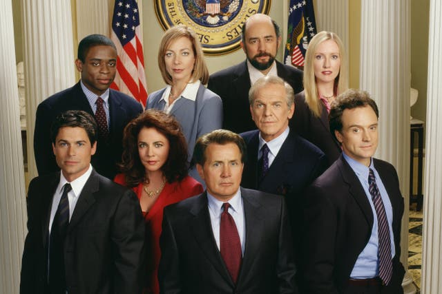 <p>From left to right: Rob Lowe, Dule Hill, Stockard Channing, Allison Janney, Martin Sheen, Richard Schiff, John Spencer, Janel Maloney and Bradley Whitford</p>