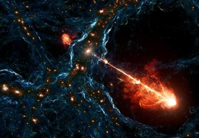 <p>An artist’s illustration of the longest black hole jet system ever observed. Nicknamed Porphyrion after a mythological Greek giant, these jets span roughly 7 megaparsecs, or 23 million light-years</p>