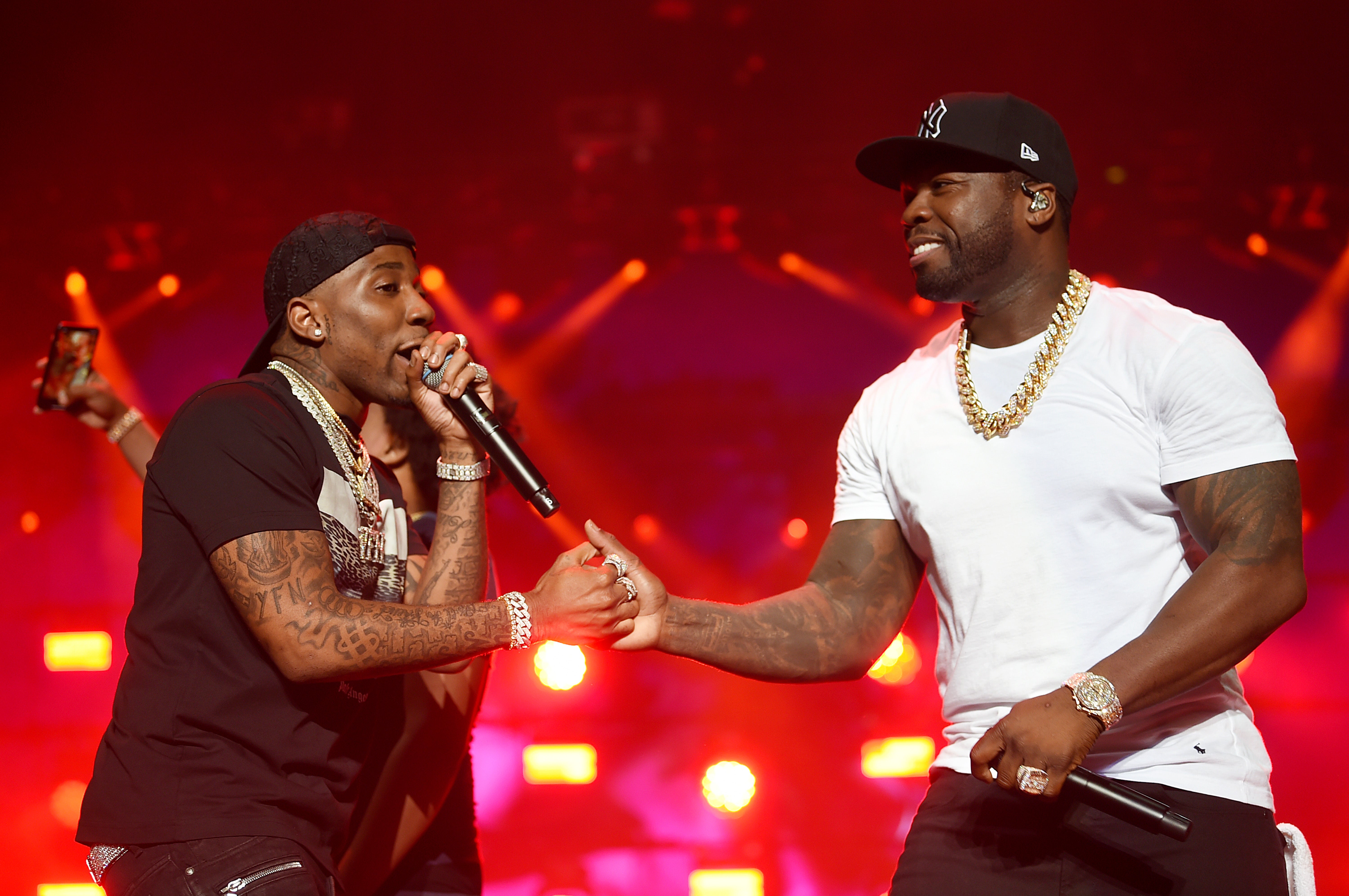 YFN Lucci performs with 50 Cent in New York in 2019