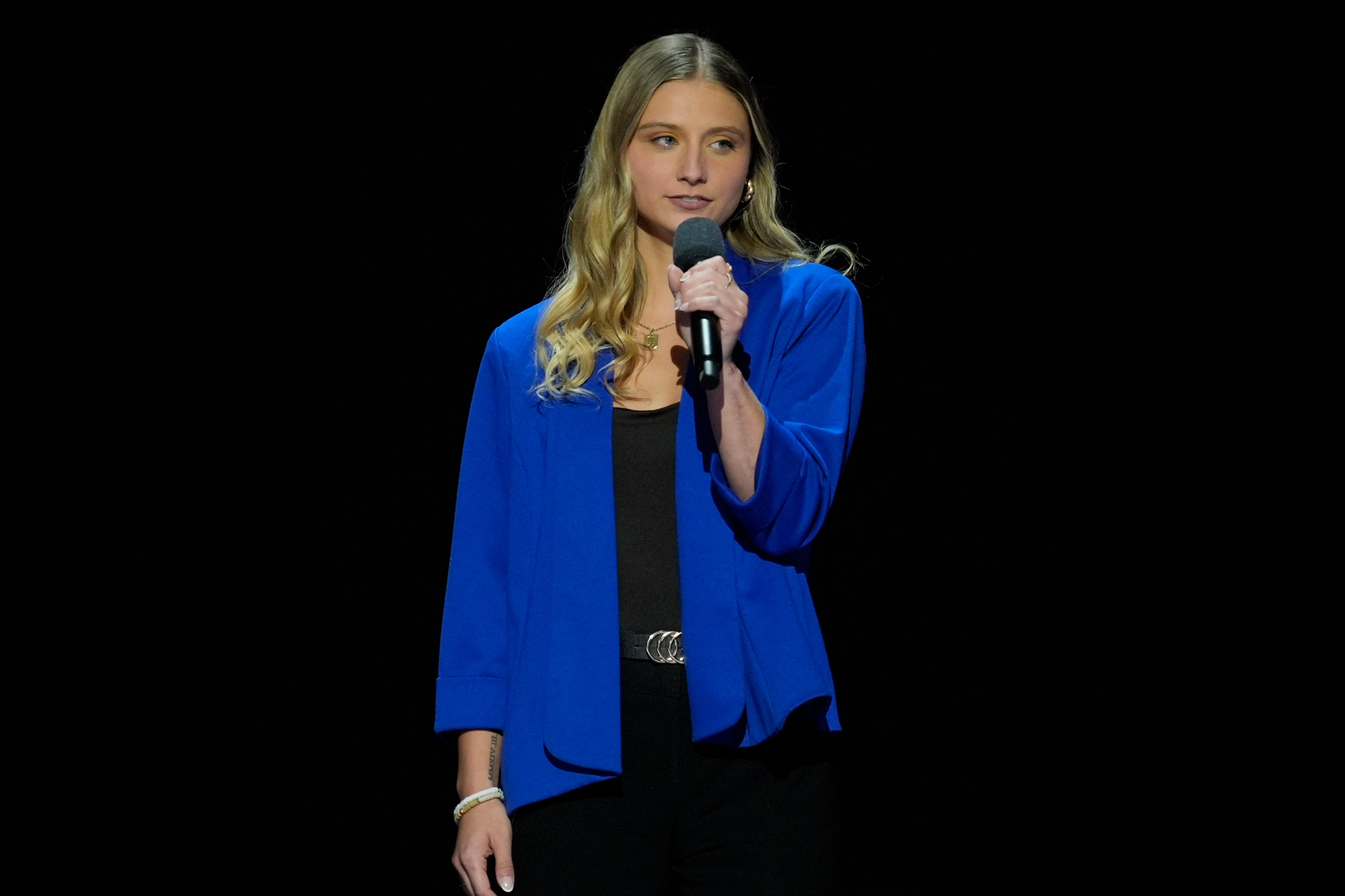 Hadley Duvall speaks on stage during the Democratic National Convention Monday, Aug. 19, 2024, in Chicago