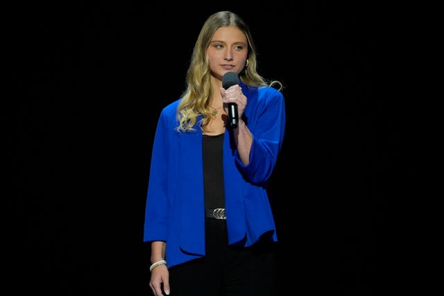 <p>Hadley Duvall speaks on stage during the Democratic National Convention Monday, Aug. 19, 2024, in Chicago</p>