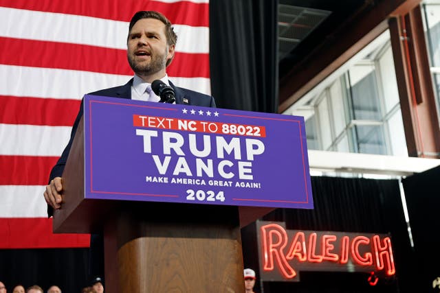 <p>JD Vance speaks at a campaign event in Raleigh, North Carolina, where he mixed it up with reporters</p>