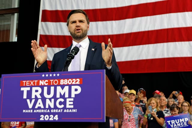 <p>Republican vice presidential nominee Sen. JD Vance, R-Ohio, speaks at a campaign event in Raleigh, N.C., Wednesday, Sept. 18, 2024</p>