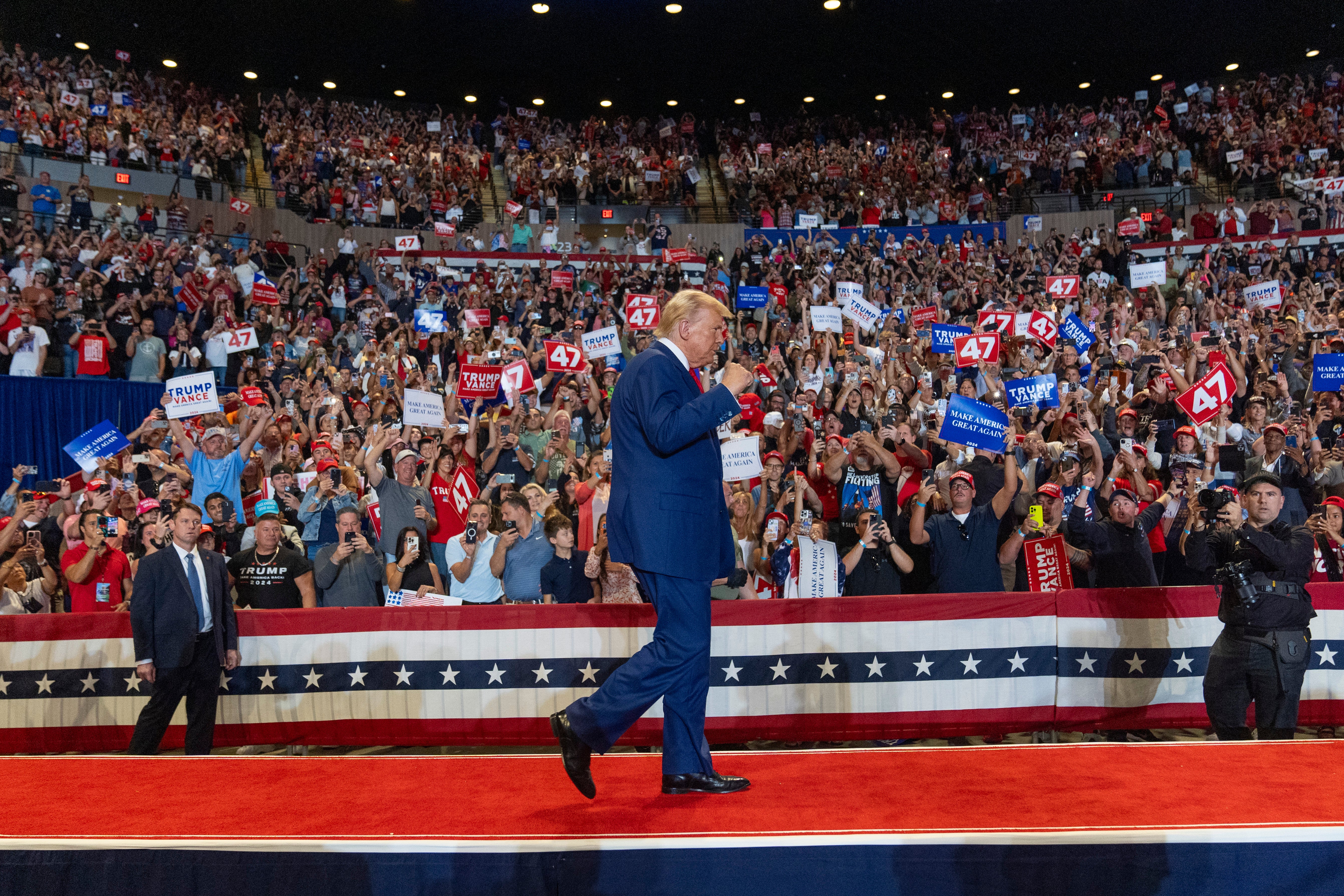 Republican presidential nominee former President Donald Trump arrives to speak at a campaign event at Nassau Coliseum, Wednesday, Sept.18, 2024, in Uniondale, N.Y.