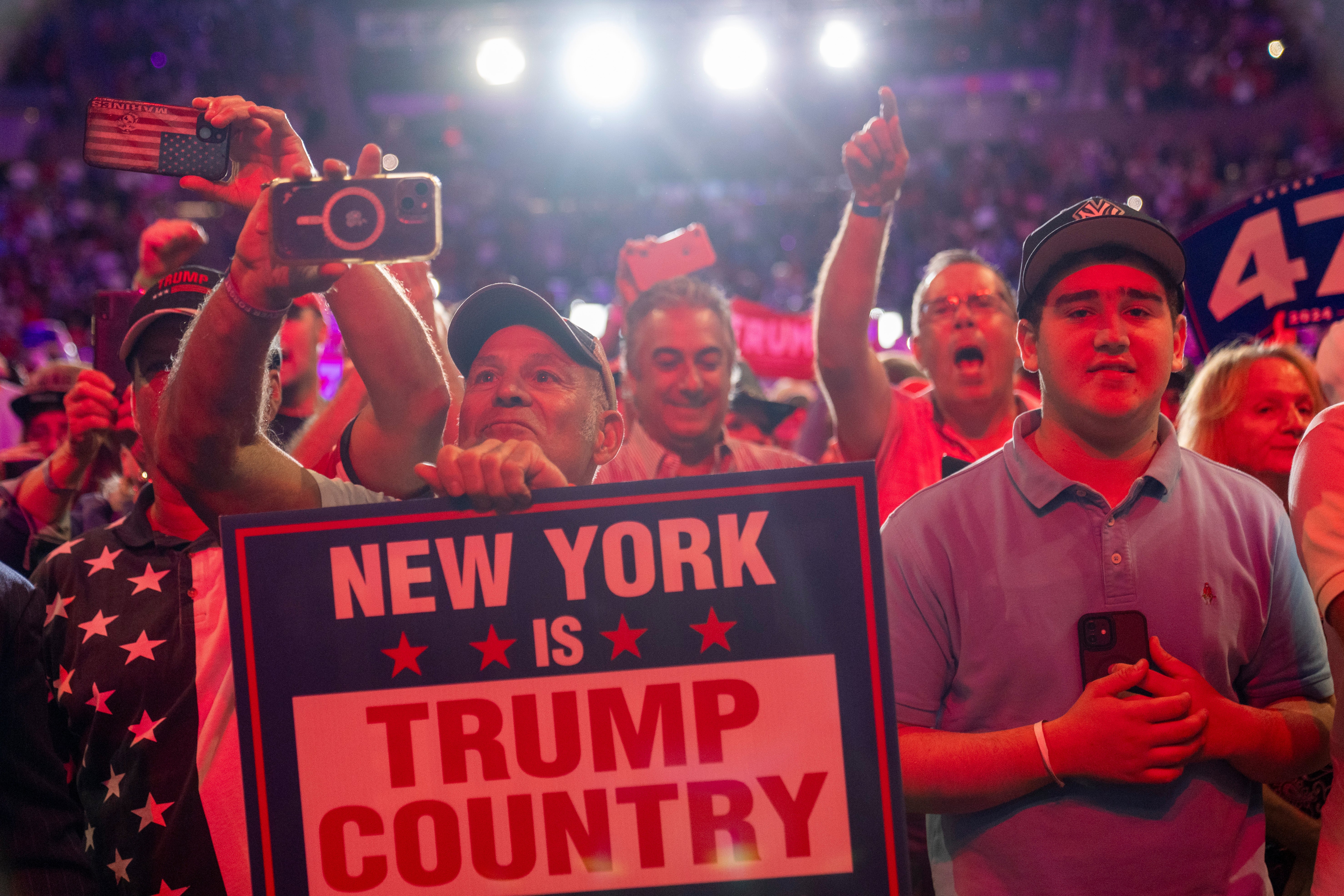 Supporters cheer as Republican presidential nominee former President Donald Trump arrives to speak at a campaign event at Nassau Coliseum, Wednesday, Sept.18, 2024, in Uniondale, N.Y.