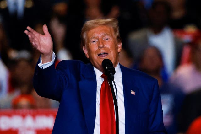 <p>Republican presidential nominee and former U.S. President Donald Trump speaks during a rally at Nassau Veterans Memorial Coliseum, in Uniondale, New York, U.S., September 18, 2024</p>