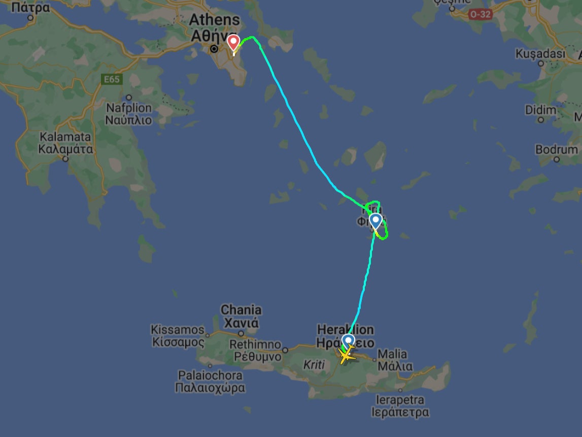 Island hopping: Flightpath of easyJet plane from Heraklion attempting to land at Santorini before continuing to Athens