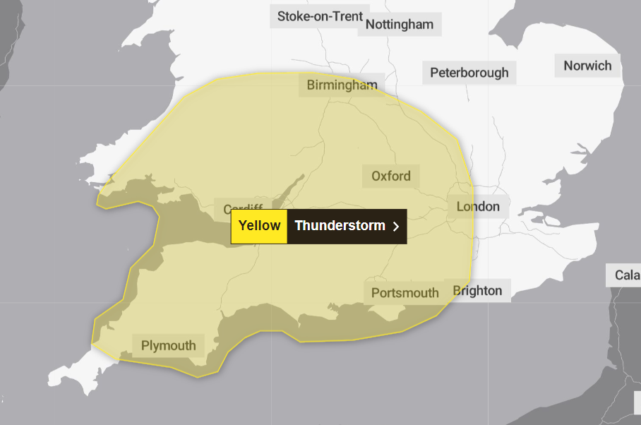 Friday’s weather warning covers the South West, south Wales, the Midlands and southern England