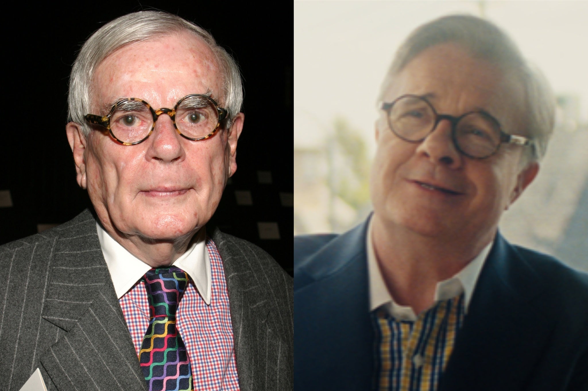 Dominick Dunne (esquerda) e Nathan Lane (direita) interpretando o jornalista