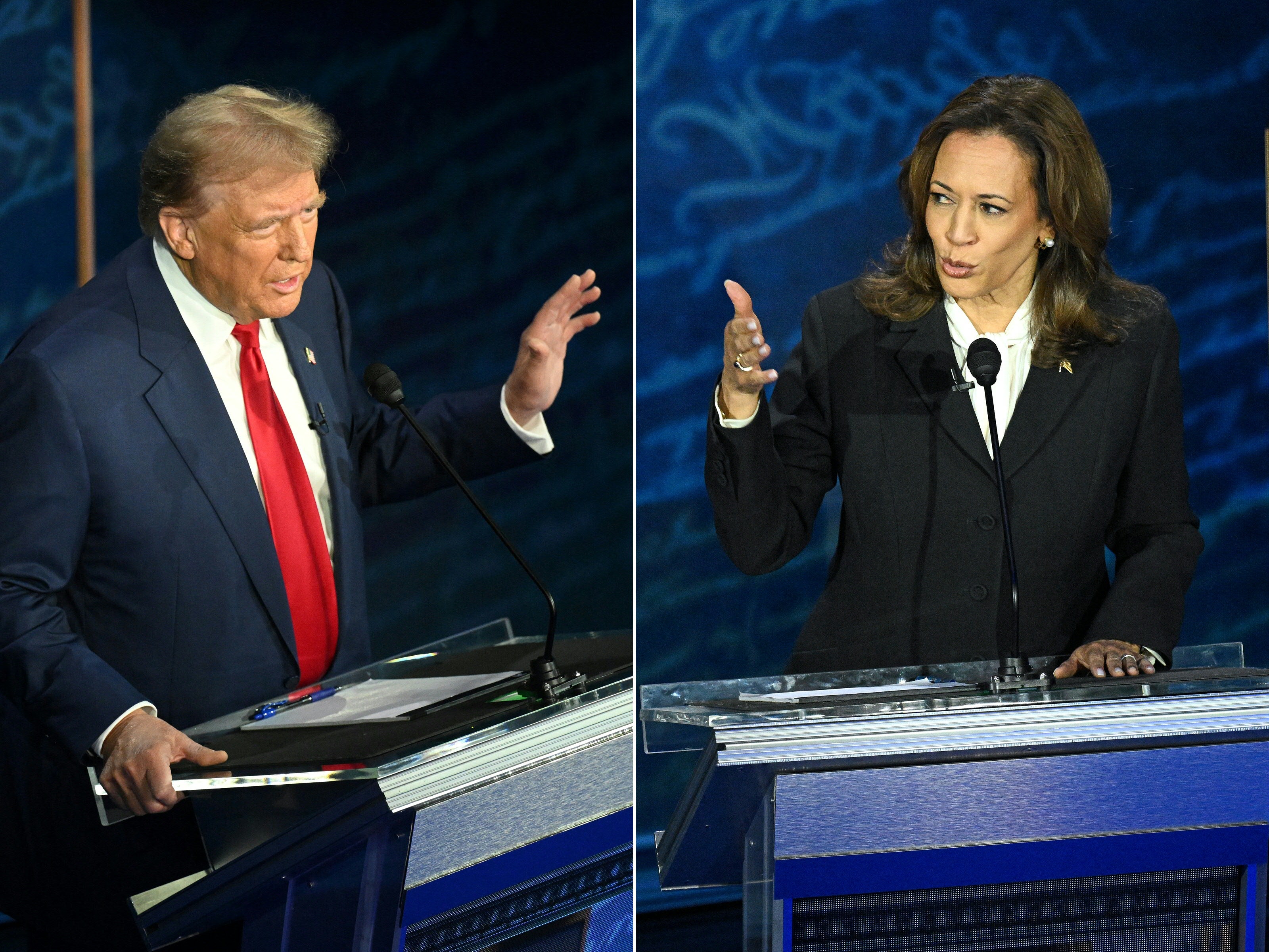 Trump and Harris participating in a presidential debate at the National Constitution Center in Philadelphia, Pennsylvania, on September 10, 2024