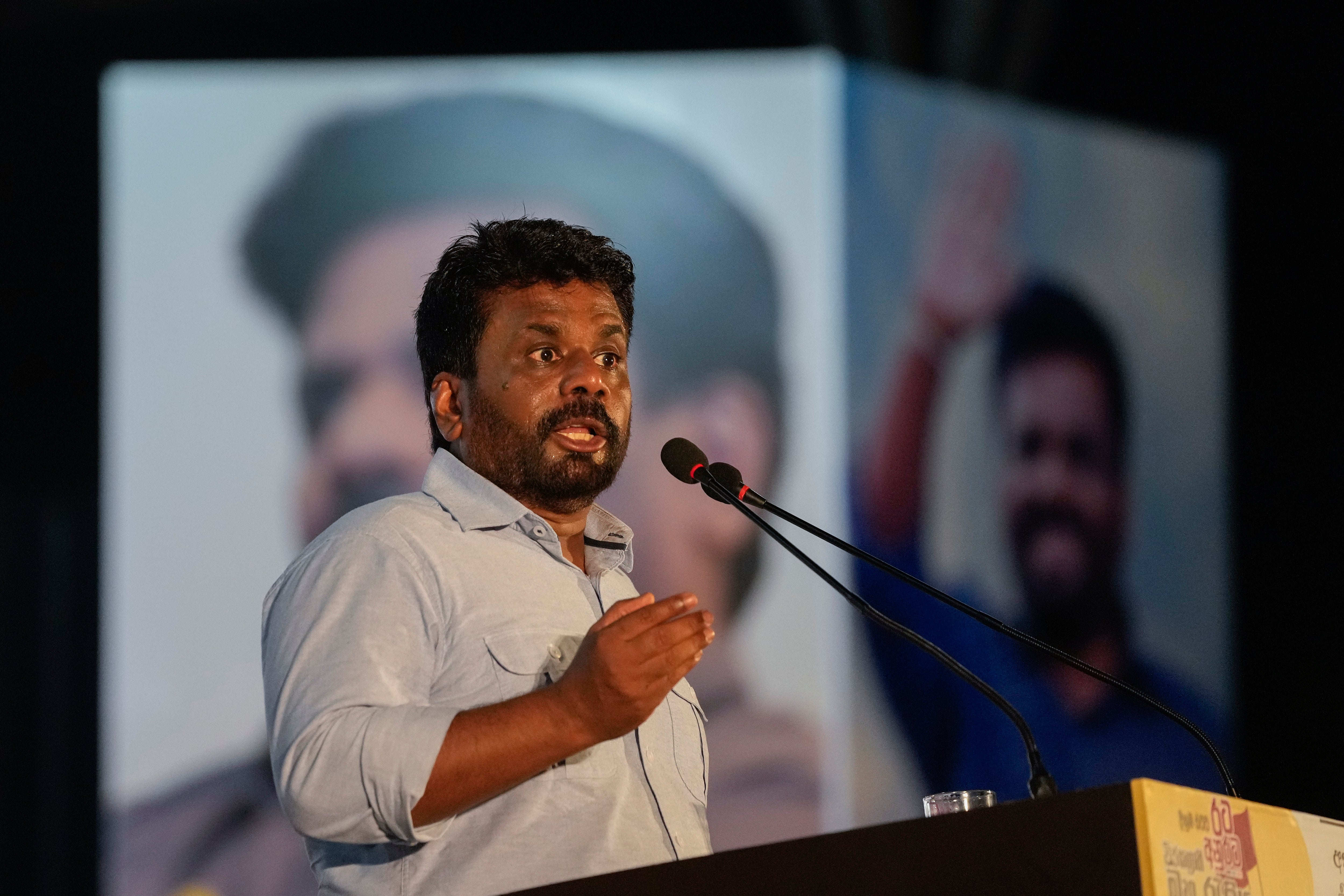 Leader and the presidential candidate of National People's Power Anura Kumara Dissanayake speaks to supporters during the final public rally ahead of the election in Colombo