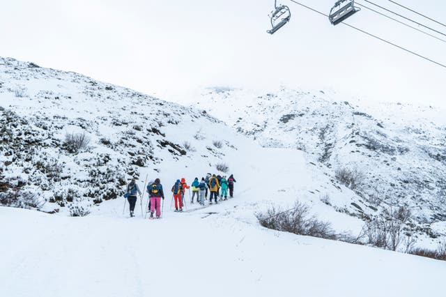 <p>Yoga in the snow: the skiers make their way across the mountainside </p>