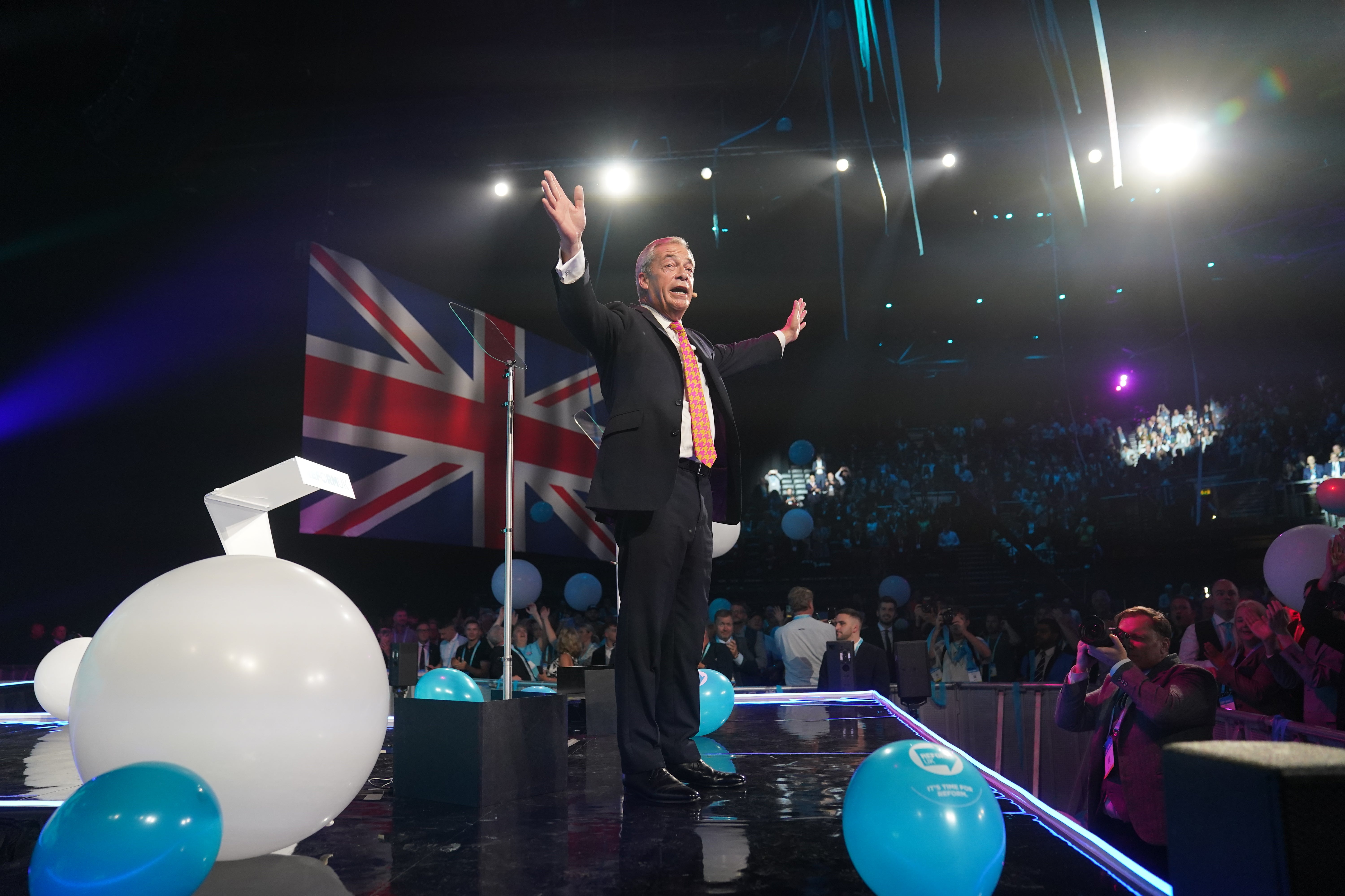 Nigel Farage speaking during Reform UK’s annual conference