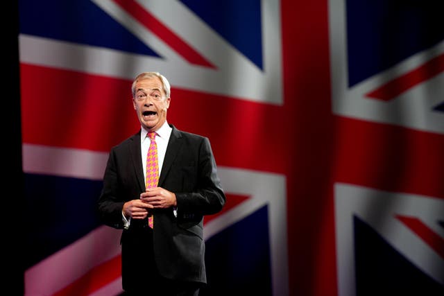 <p>Reform UK leader Nigel Farage speaks at the party’s annual conference at the National Exhibition Centre in Birmingham</p>