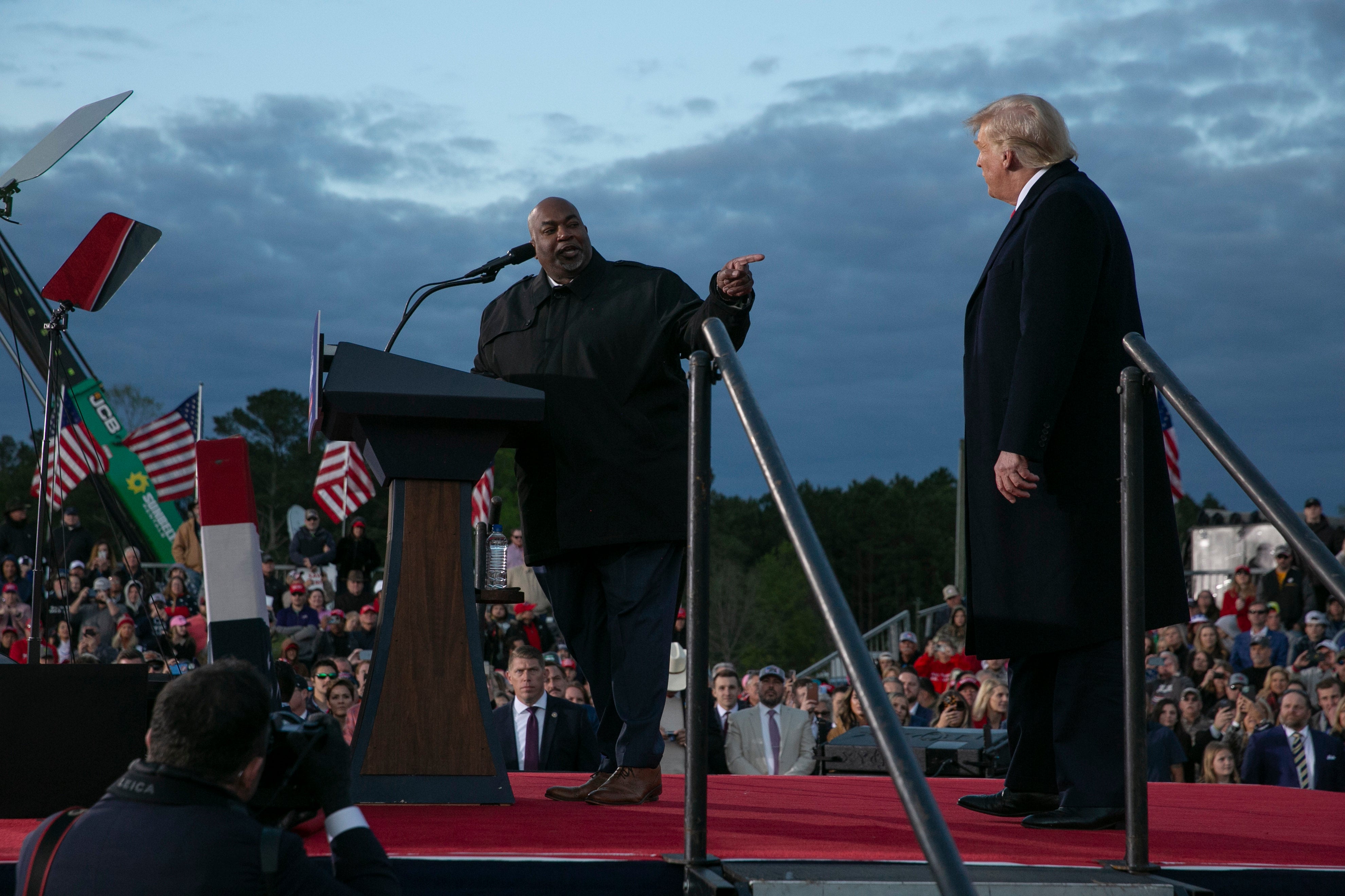 Mark Robinson joins the stage with former Donald Trump during a rally at The Farm at 95 on April 9, 2022 in Selma, North Carolina. The Trump campaign has been trying to distance itself from the Republican gubernatorial nominee