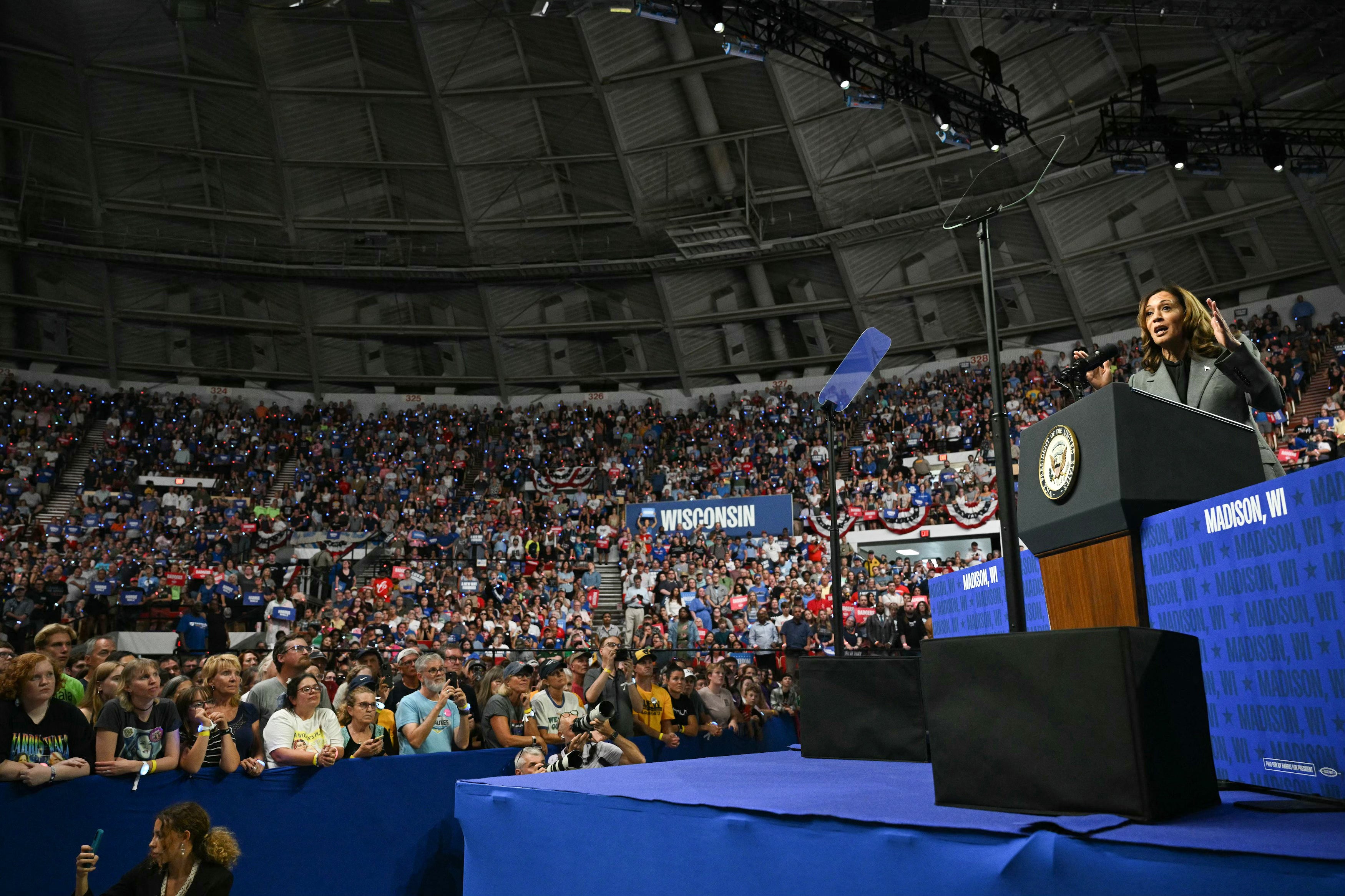 US Vice President and Democratic presidential candidate Kamala Harris speaks at a campaign event in Madison, Wisconsin, on September 20, 2024