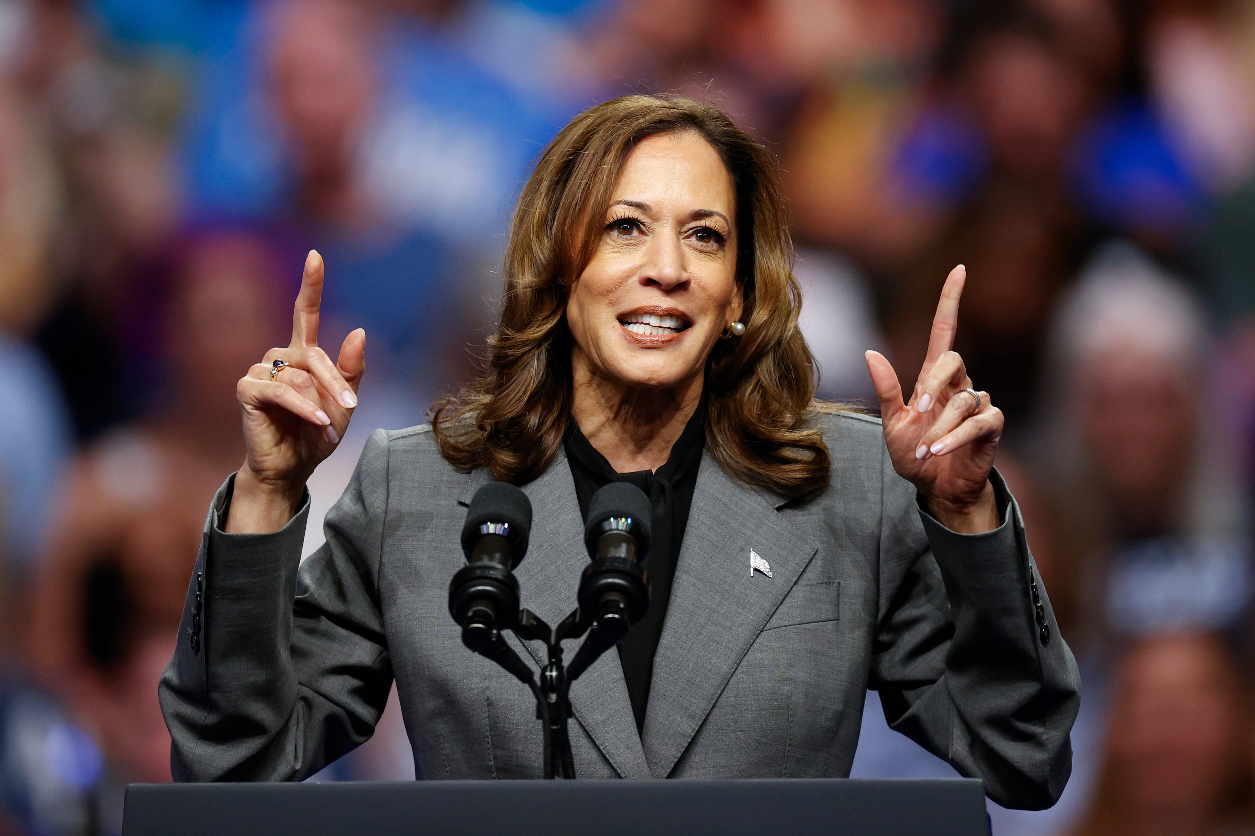 Democratic presidential candidate US Vice President Kamala Harris speaks during a campaign event at Veterans Memorial Coliseum at Alliant Energy Center in Madison, Wisconsin, USA, 20 September 2024