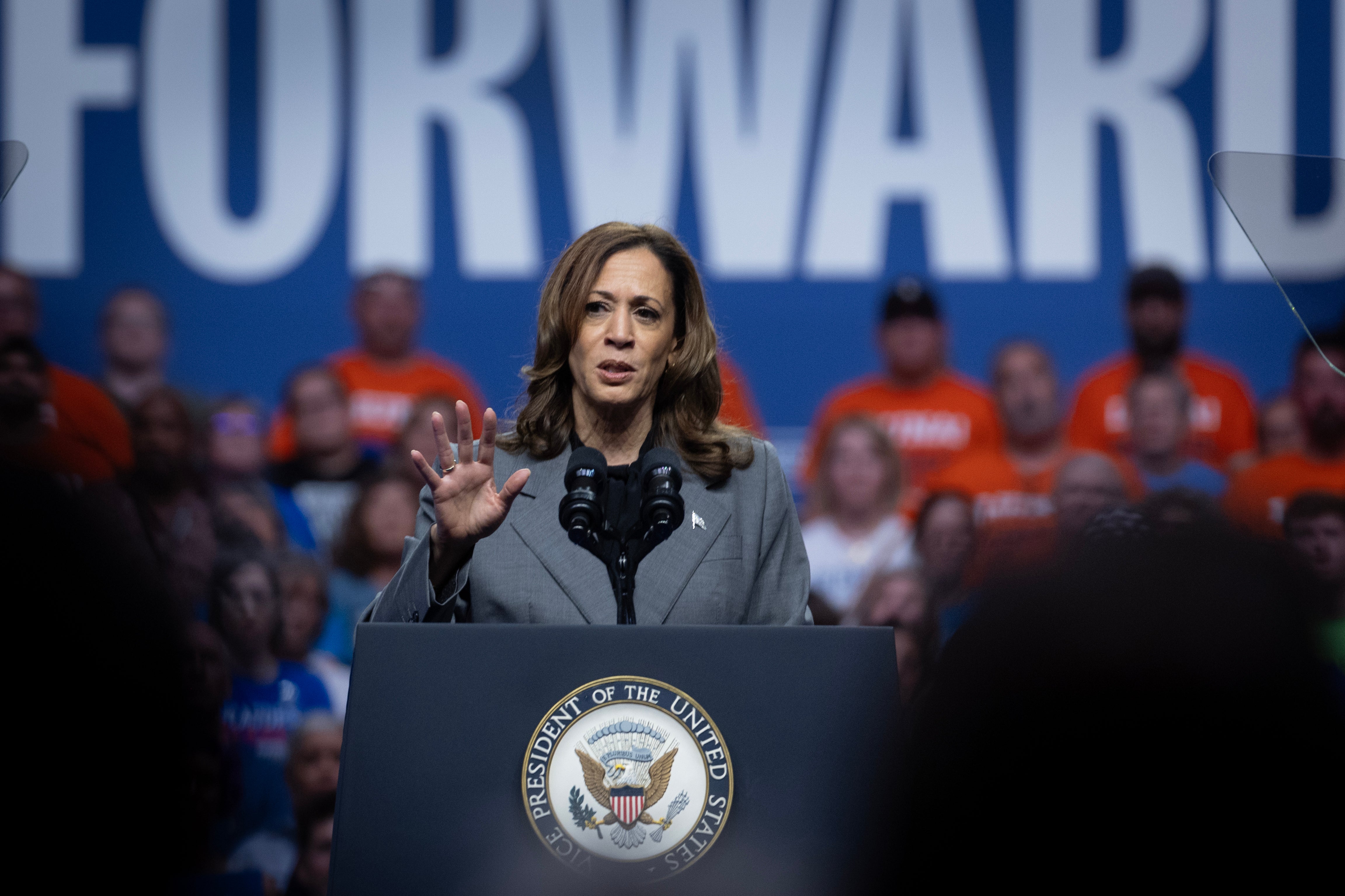 Democratic presidential nominee Vice President Kamala Harris speaks during a campaign rally at the Alliant Energy Center on September 20, 2024 in Madison, Wisconsin