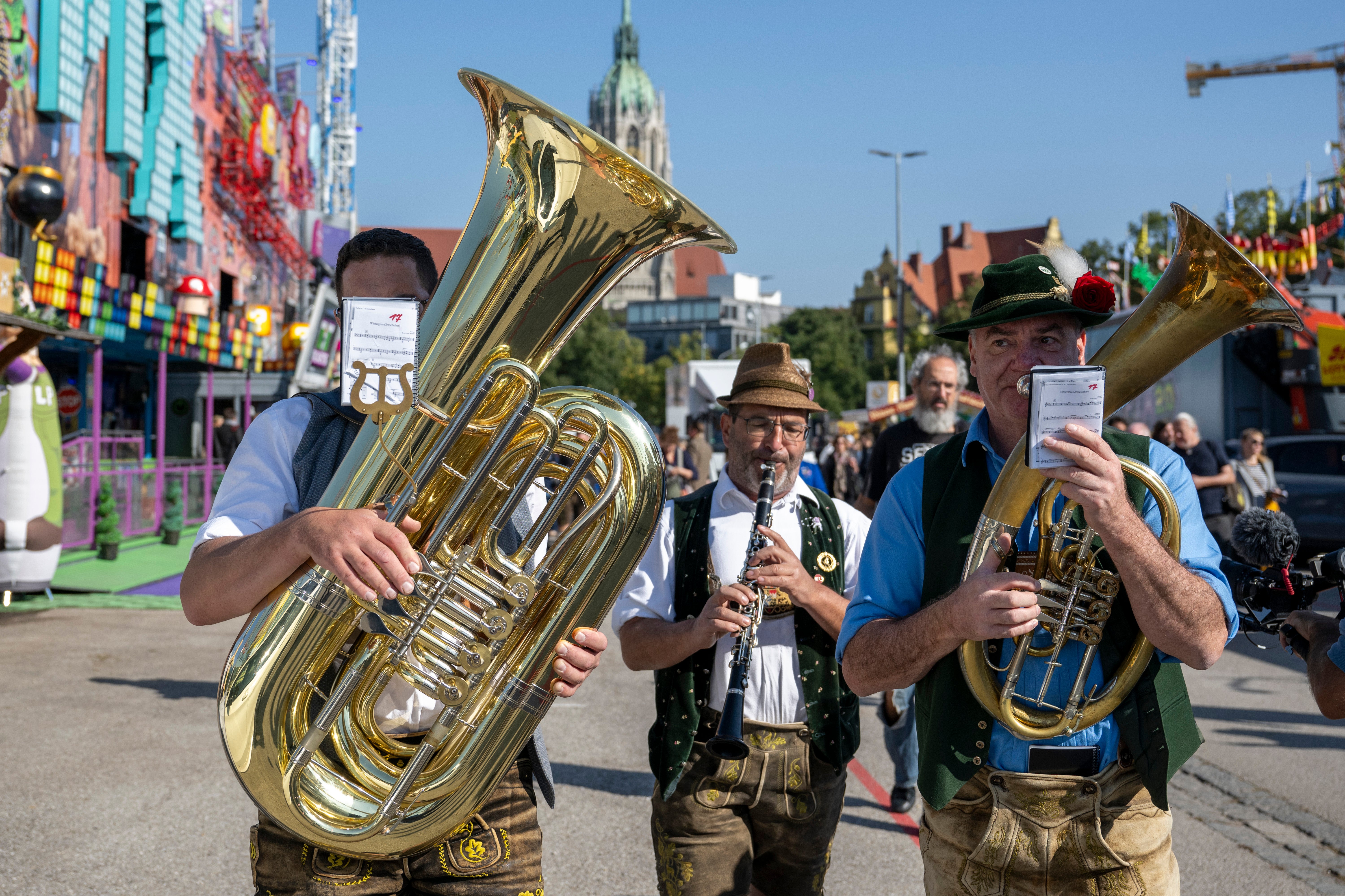 A brass band plays during a press tour at the Oktoberfest, in Munich