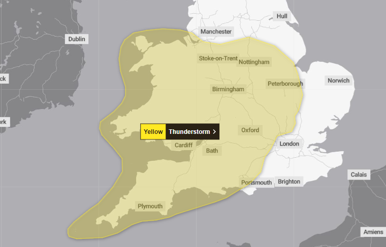 Saturday’s weather warning for thunderstorms covers Wales and the south east