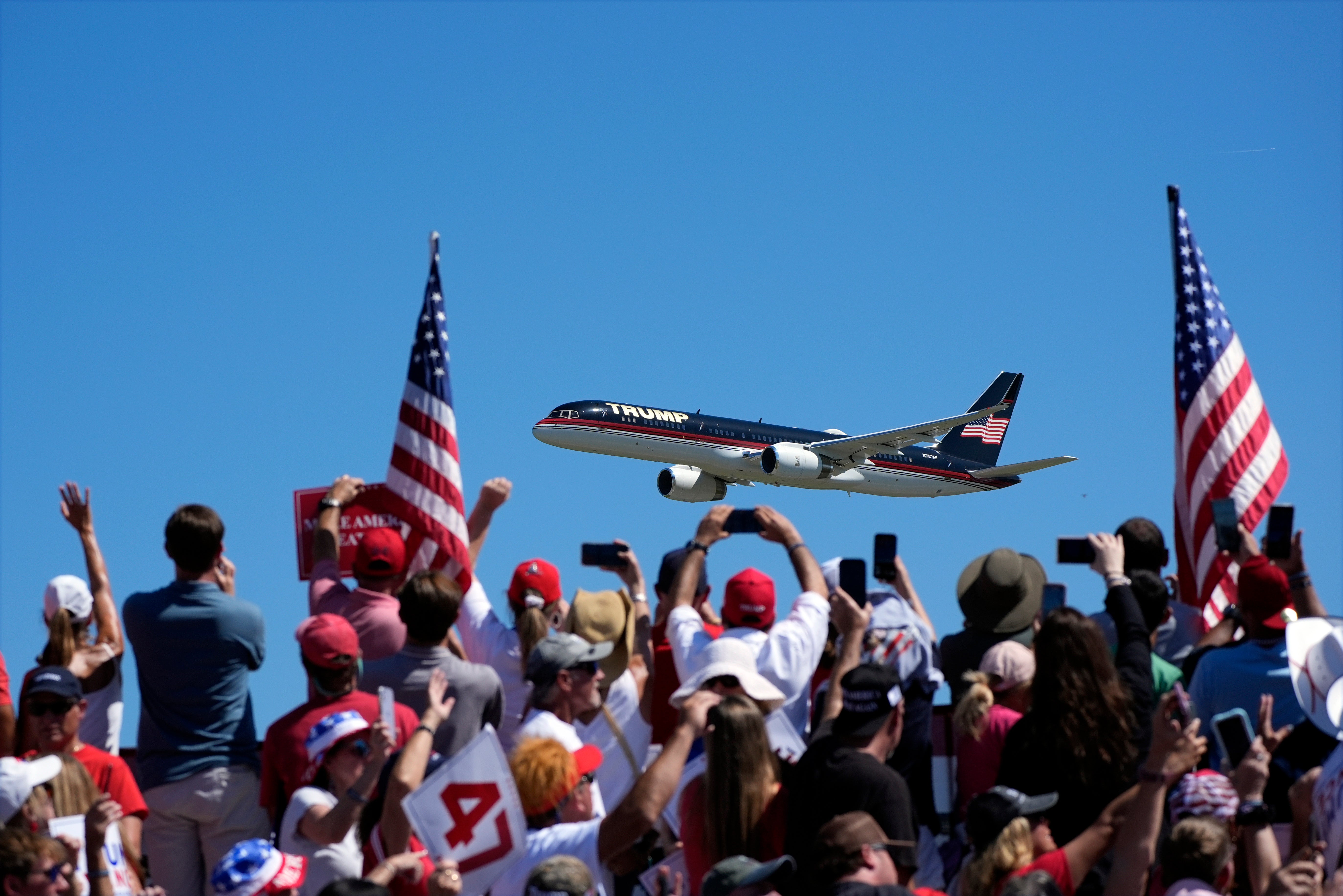 Donald Trump’s plane lands at the site of his North Carolina rally on Saturday afternoon. Lieutenant Governor Mark Robinson planned to attend but will no longer make an appearance following a bombshell report that revealed he made several shocking remarks on a porn forum