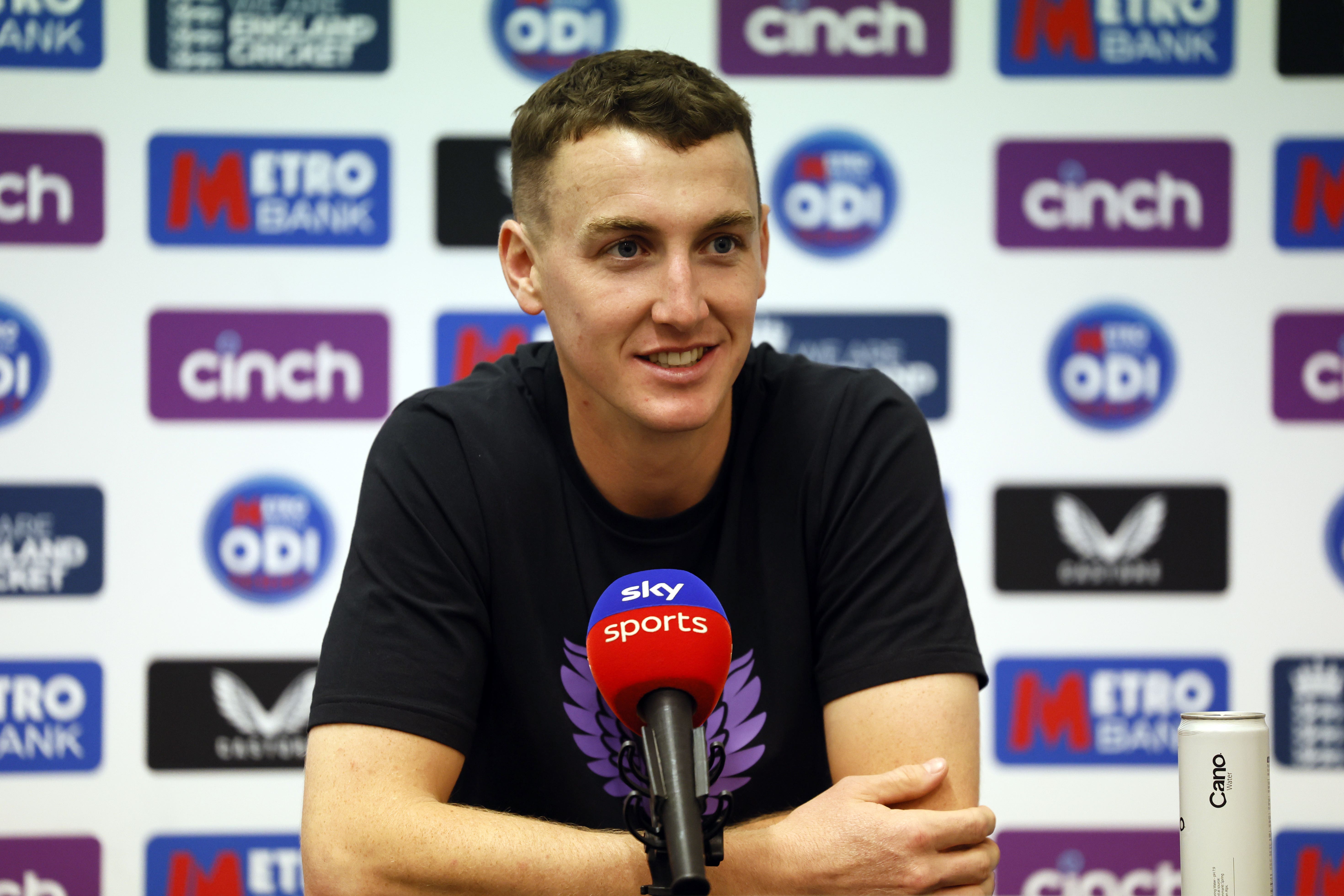 England captain Harry Brook speaks to the media