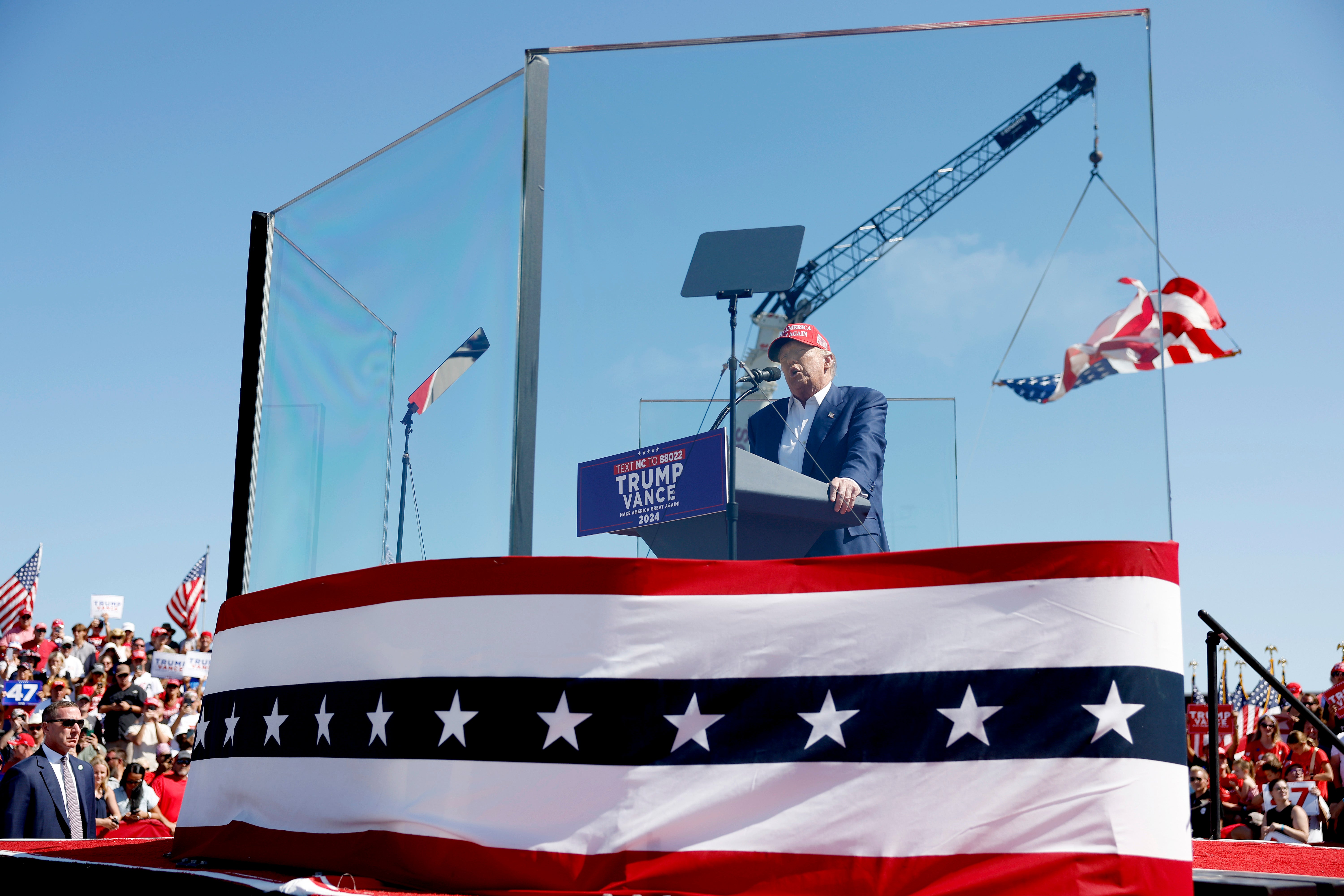 Republican presidential candidate former U.S. President Donald Trump speaks at a rally at the Aero Center Wilmington in Wilmington, North Carolina