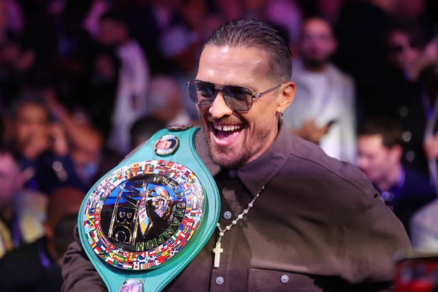 <p>Oleksandr Usyk arrives at Wembley to watch the big fight</p>