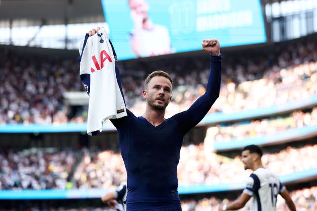 <p>James Maddison celebrates after scoring Tottenham’s third goal</p>