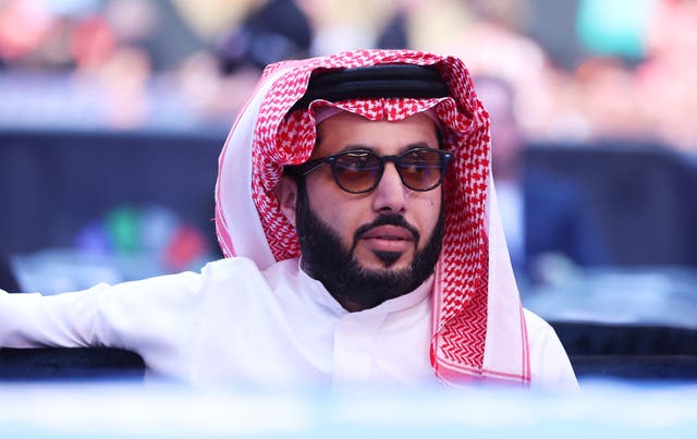 <p>Turki Alalshikh looks on during the fight at Wembley Stadium</p>