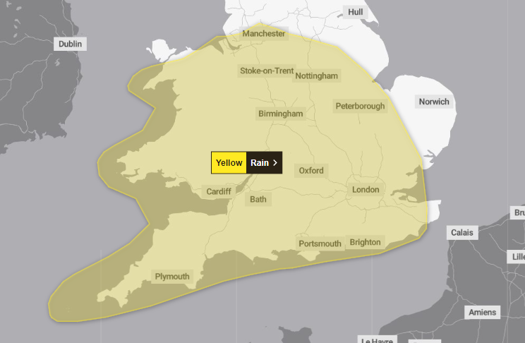 The weather warning covers large parts of England and Wales