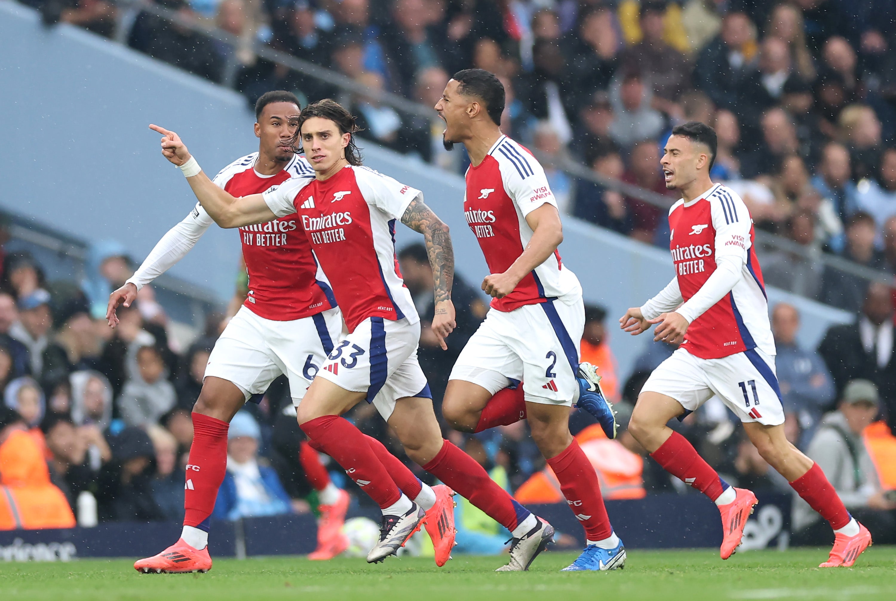 Riccardo Calafiori celebrates after scoring Arsenal’s equaliser