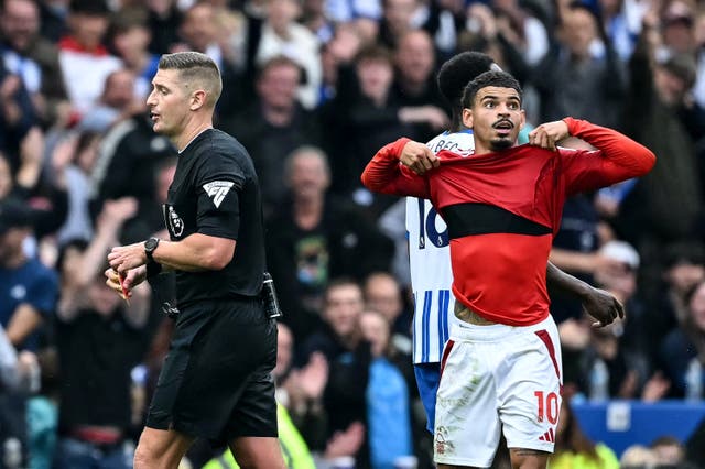 <p>Mogan Gibbs-White reacts to being sent off</p>