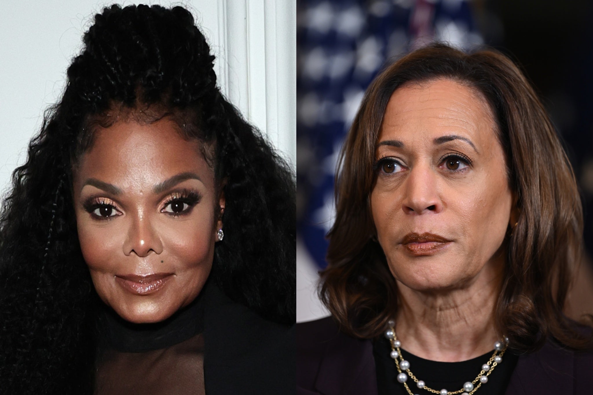 Janet Jackson e Kamala Harris. A cantora se desculpou após alegar falsamente que o vice-presidente ‘não é negro’