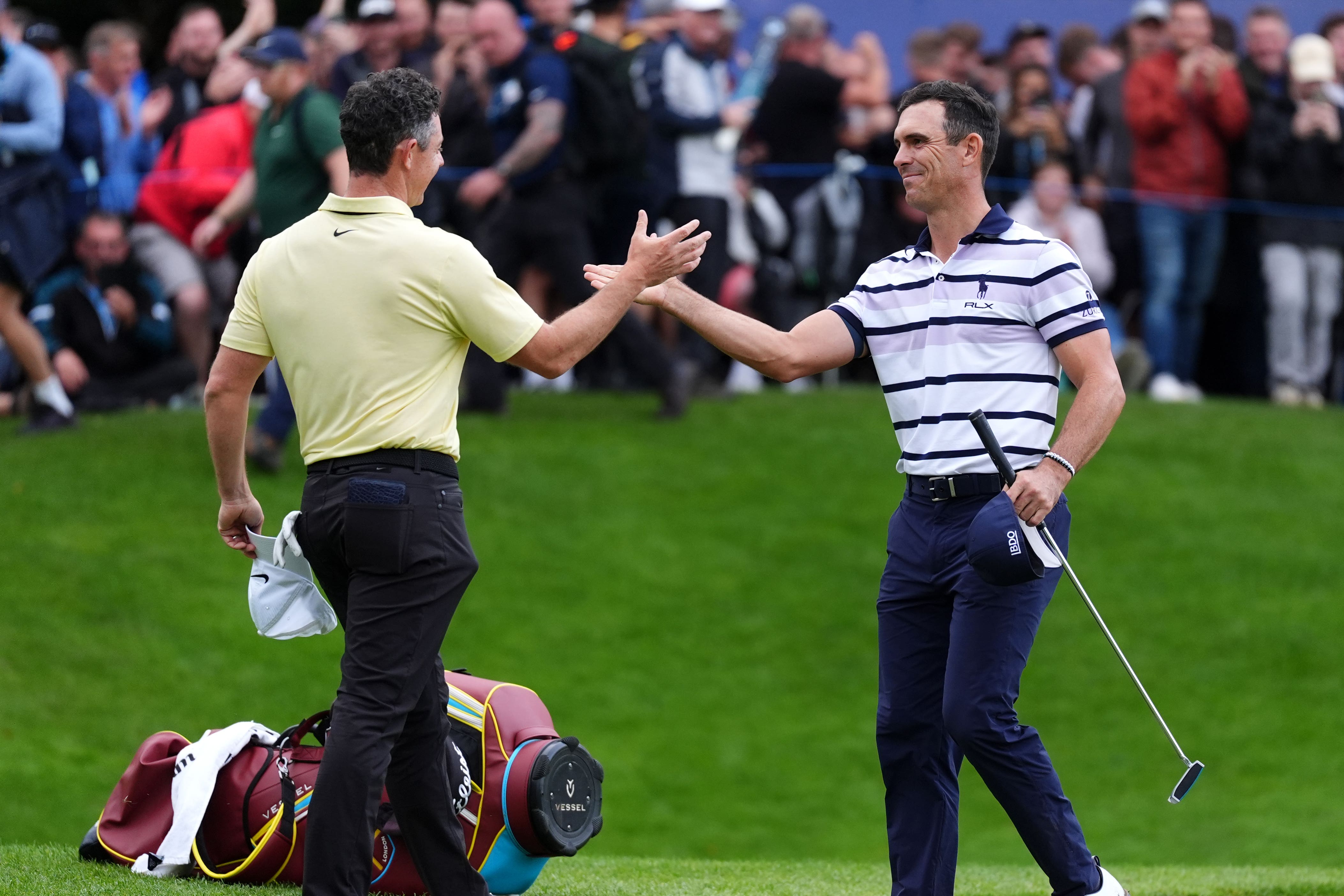 Billy Horschel (right) beat Rory McIlroy in a play-off to win the BMW PGA Championship (Zac Goodwin/PA)